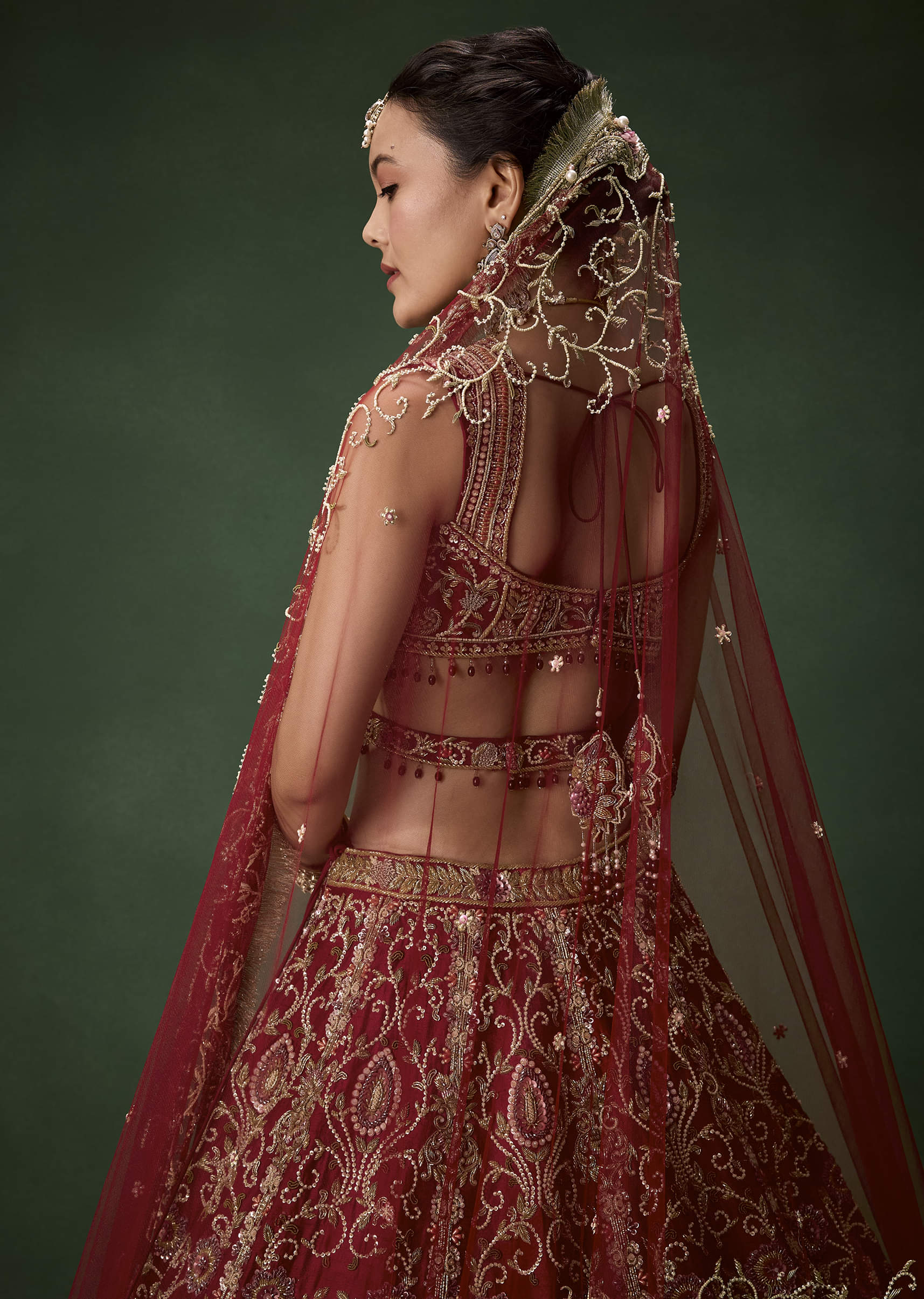 Embroidered Raw Silk Bridal Lehenga Set with Two Dupattas - Image 5