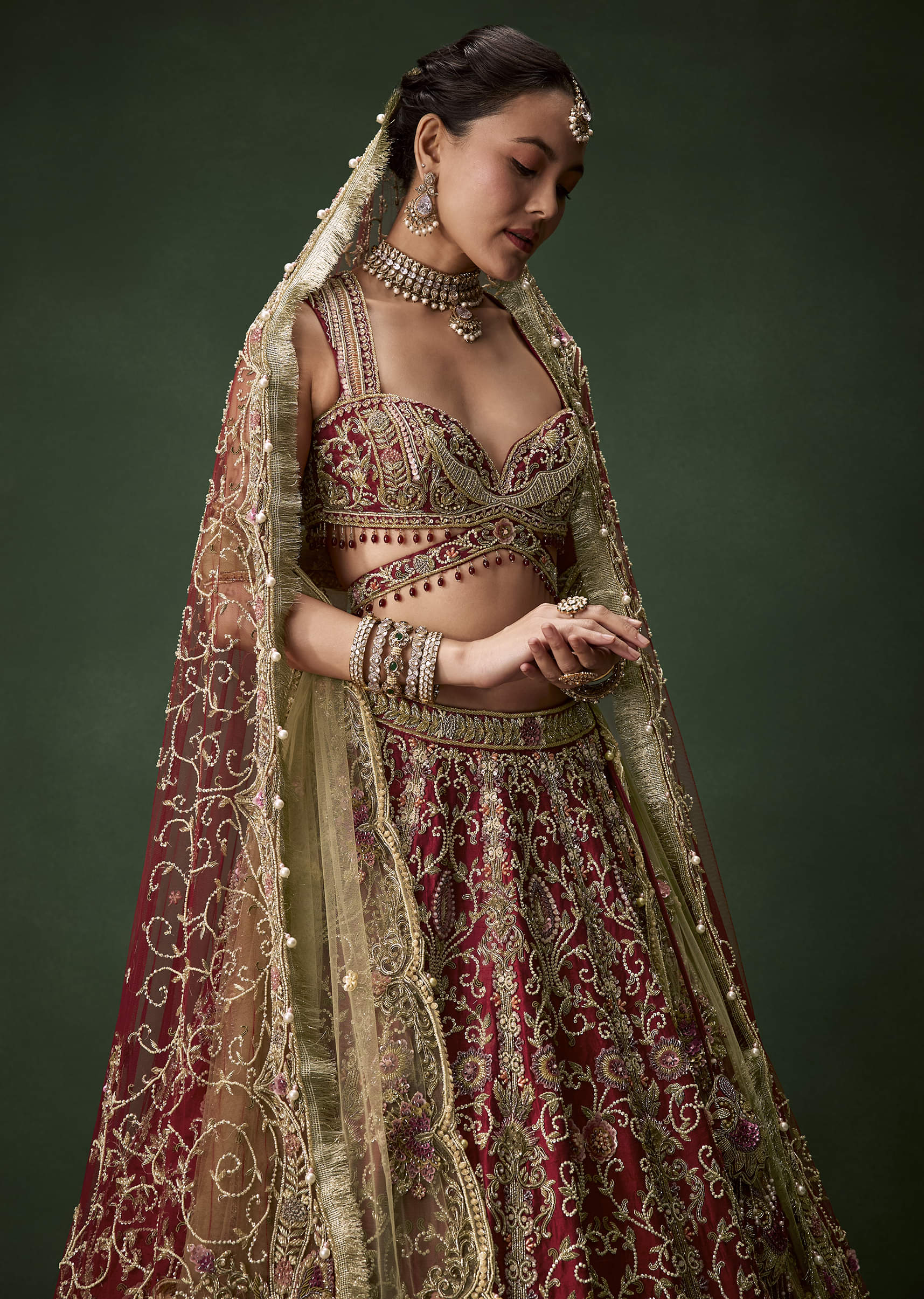 Embroidered Raw Silk Bridal Lehenga Set with Two Dupattas - Image 6