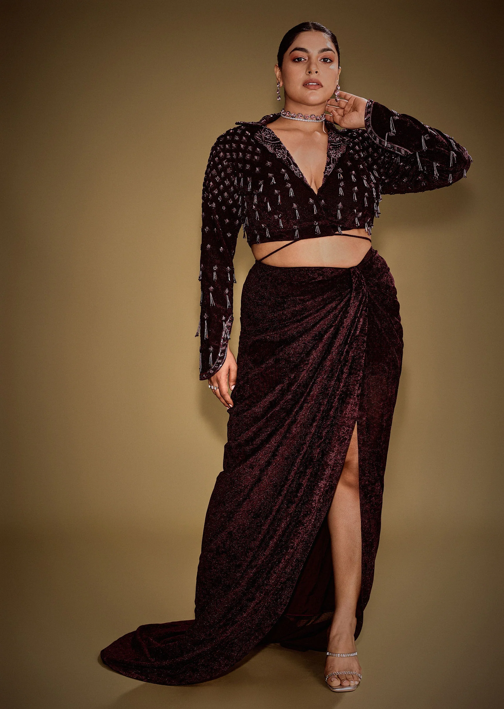 Embroidered Wine Velvet Blazer Blouse With Tassels And Draped Skirt - Image 4