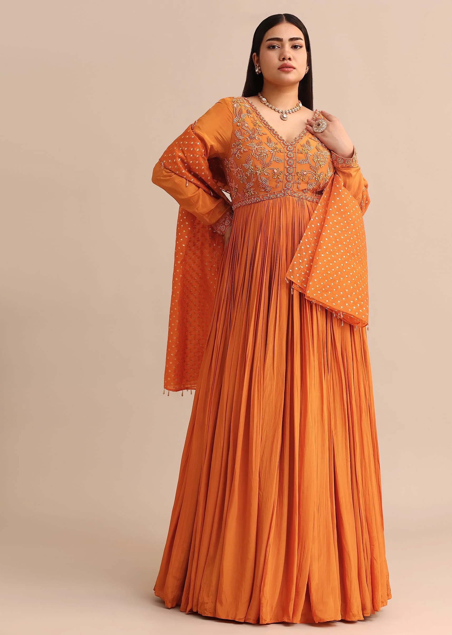 Embroidery Burnt Orange Anarkali Suit With Banarasi Organza Dupatta - Image 3