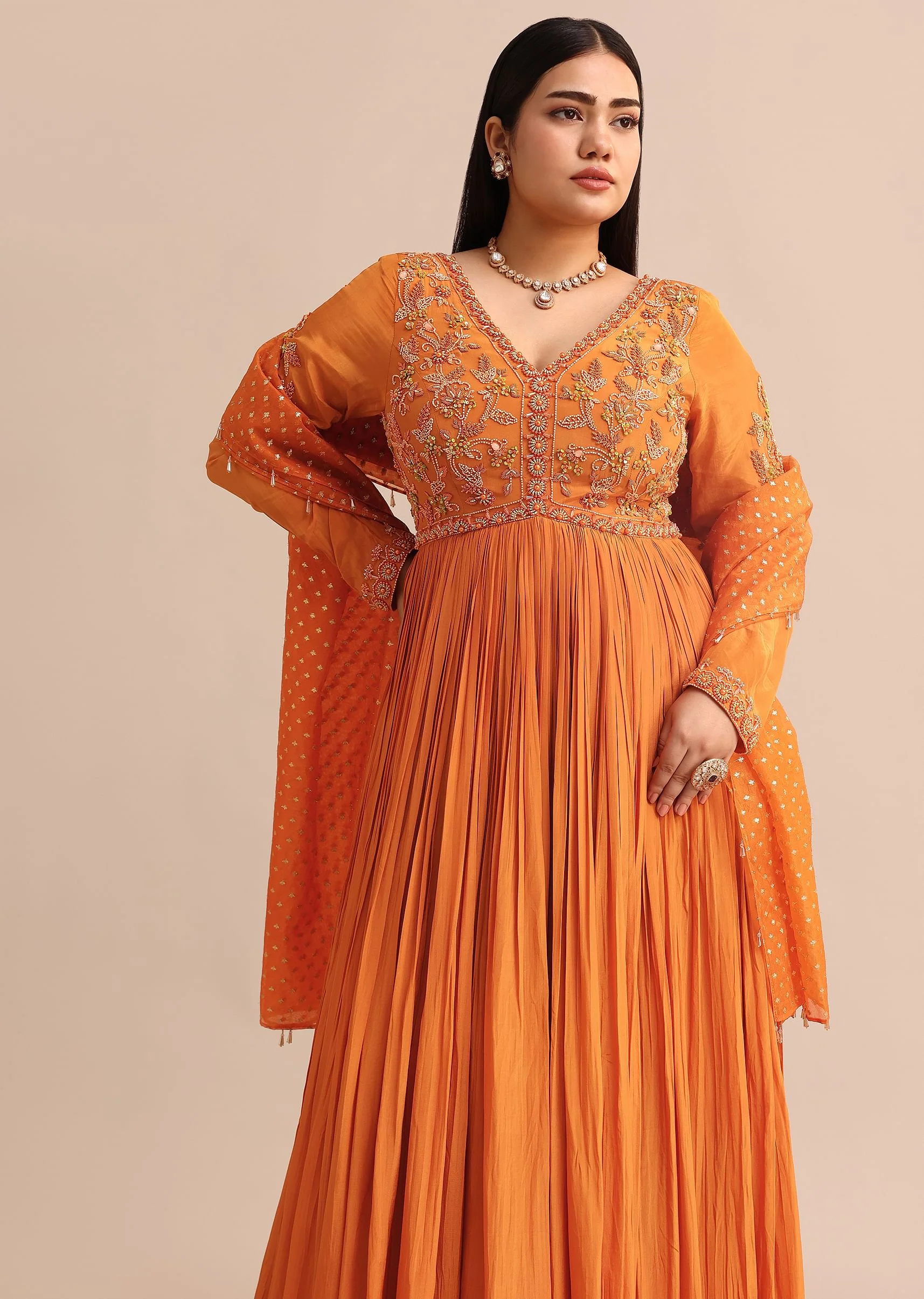 Embroidery Burnt Orange Anarkali Suit With Banarasi Organza Dupatta - Image 4