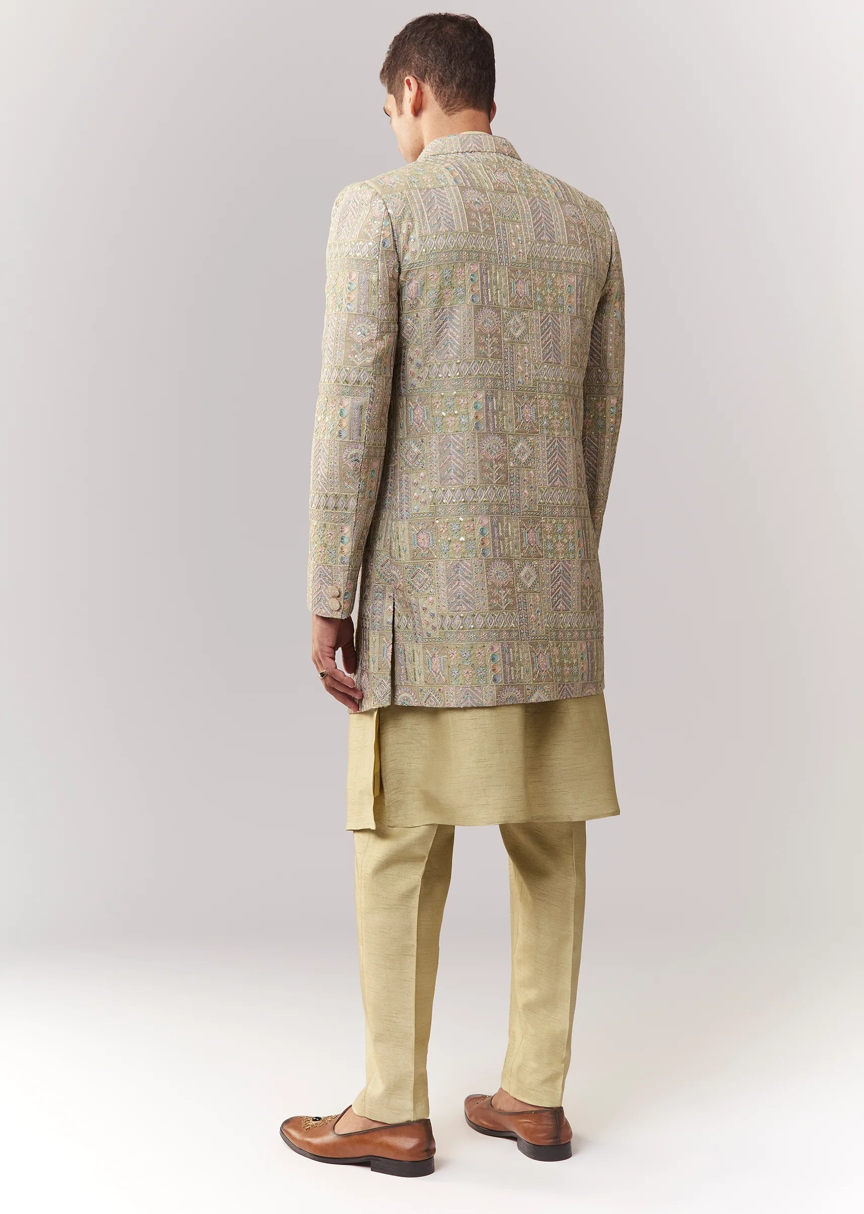 Emerald Festive Duo – Zardosi Anarkali Suit Set For Her And Silk Indo Western For Him - Image 10