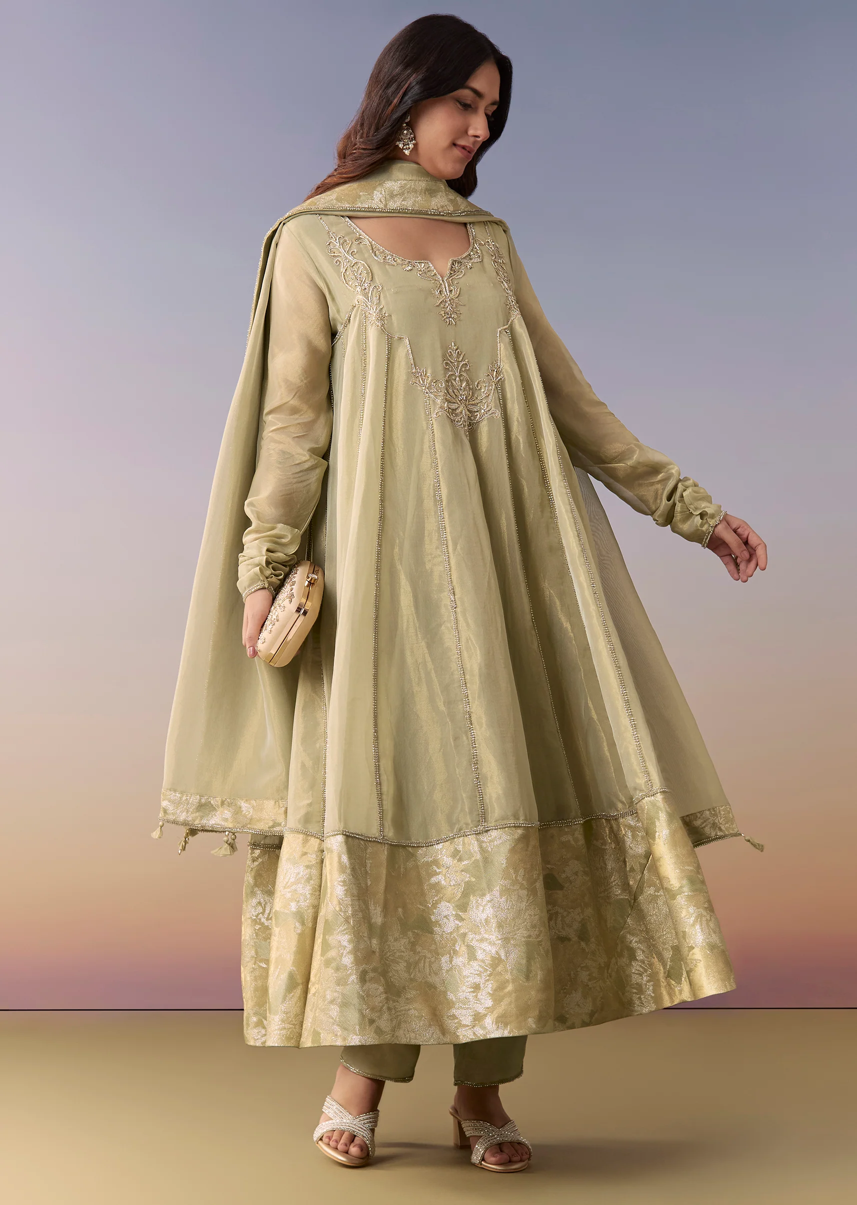 Emerald Festive Duo – Zardosi Anarkali Suit Set For Her And Silk Indo Western For Him - Image 4
