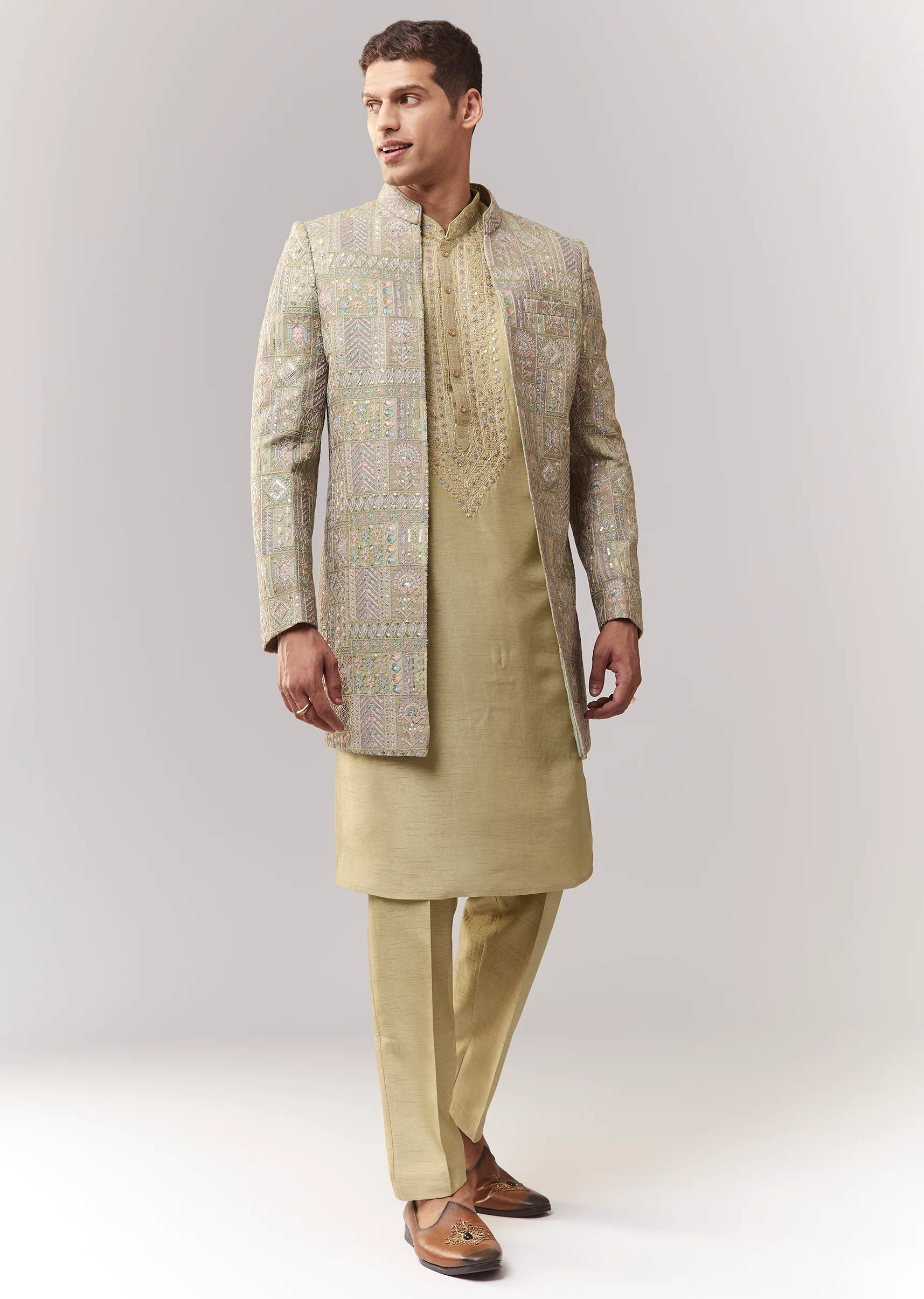 Emerald Festive Duo – Zardosi Anarkali Suit Set For Her And Silk Indo Western For Him - Image 9