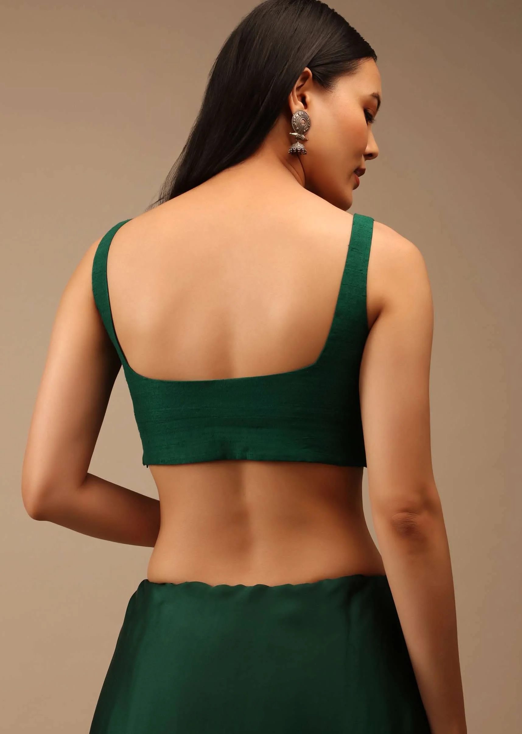 Emerald Green Blouse In Raw Silk With Overlapping Sweetheart Neckline And Cut Out Back - Image 2
