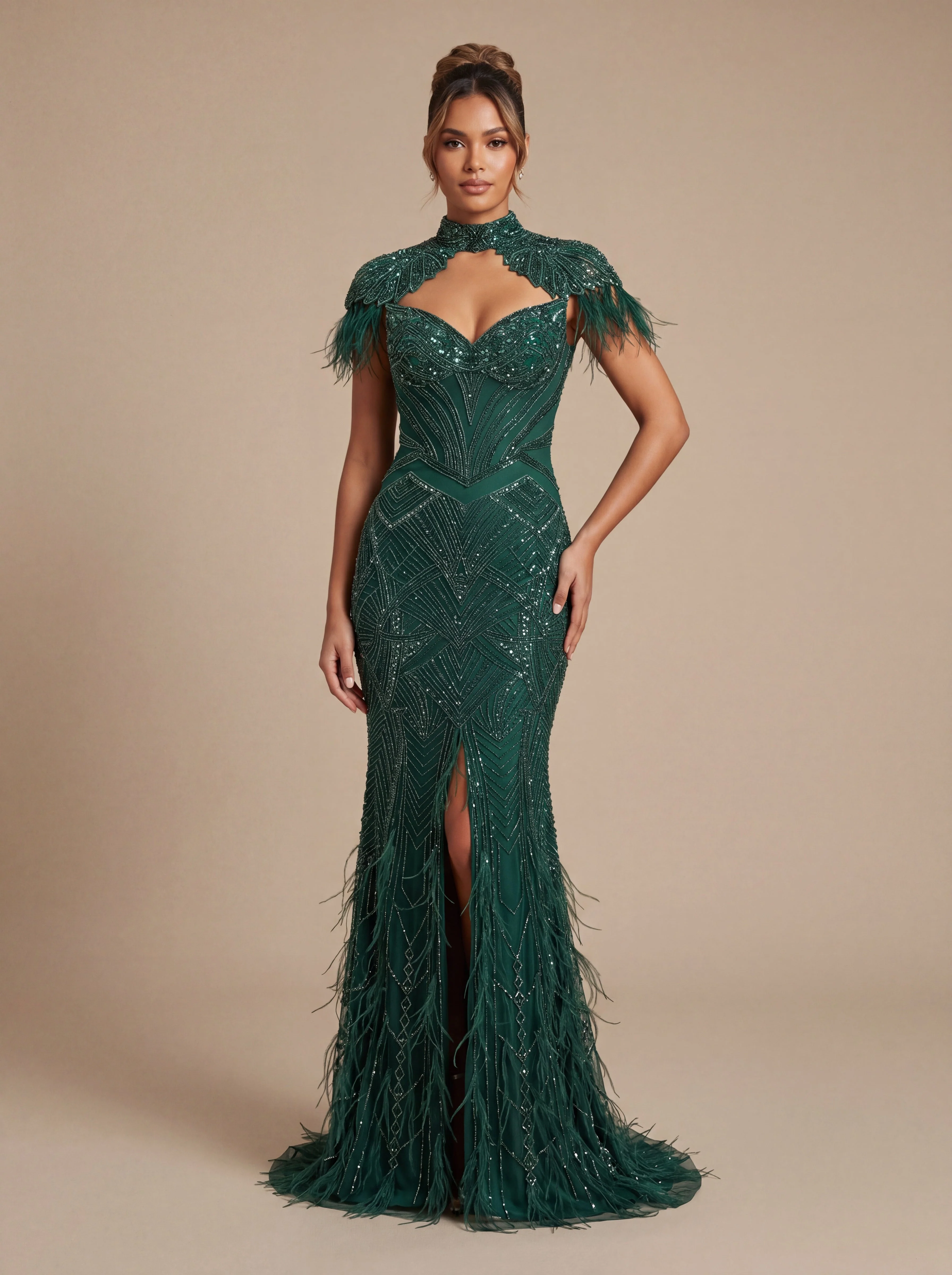 Emerald Green Contemporary Bridal Gown With Statement Trail