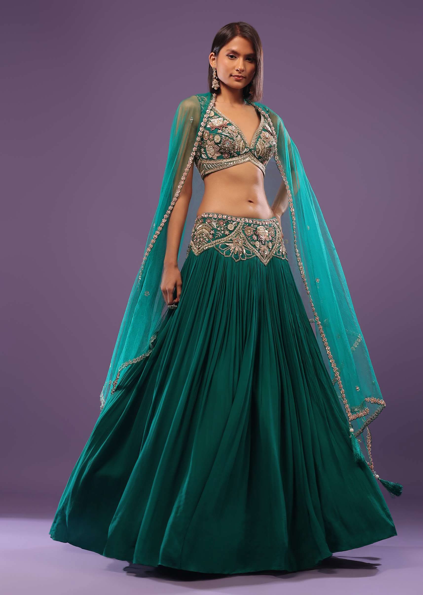Emerald Green Embroidered Lehenga Set In Georgette - Image 3