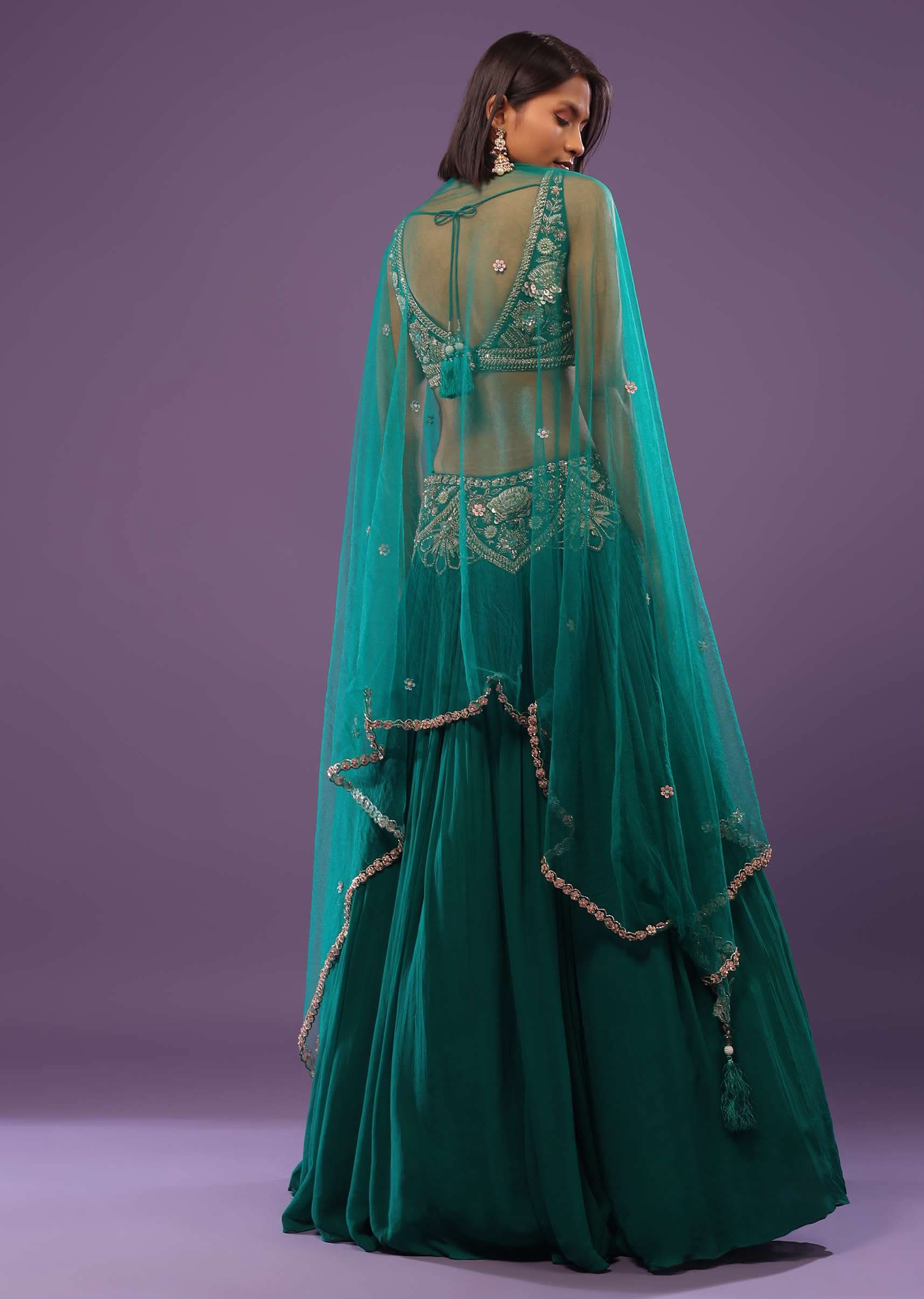 Emerald Green Embroidered Lehenga Set In Georgette - Image 5