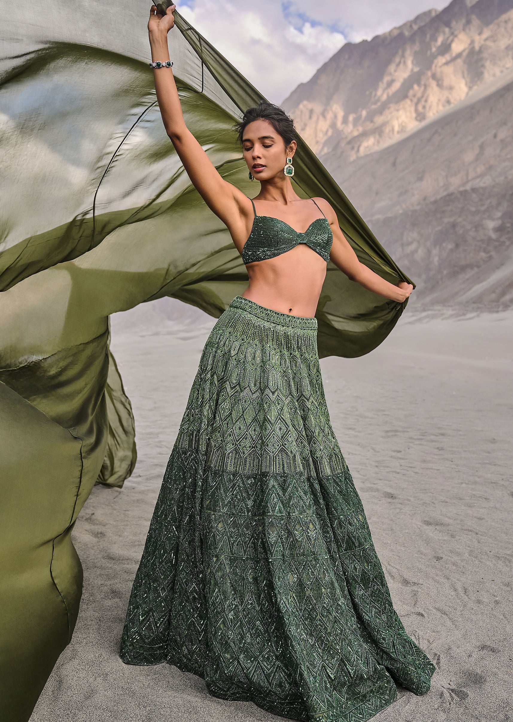 Emerald Green Heavy Crystal Cut Embroidered Lehenga With Cape - Image 4