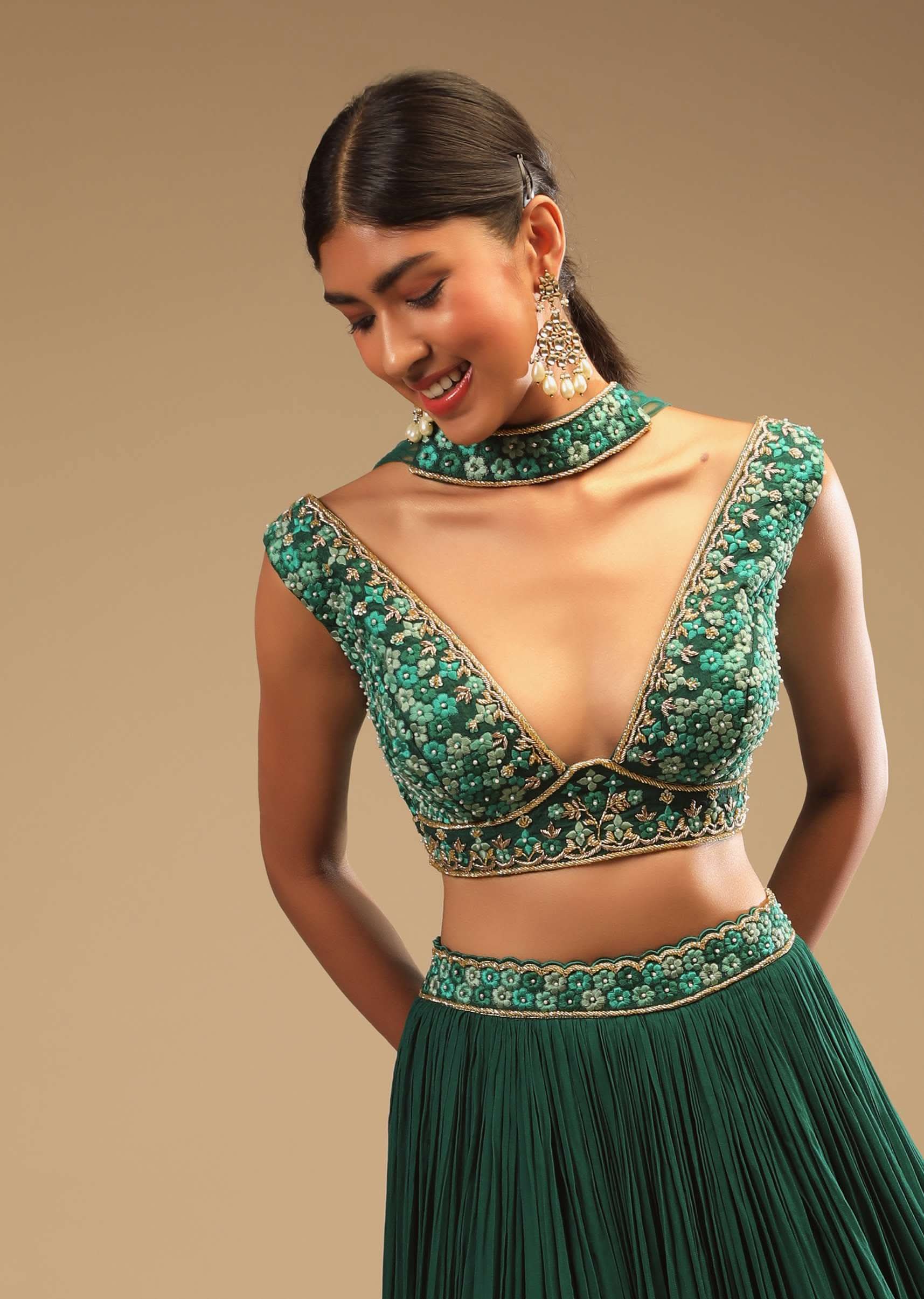 Emerald Green Lehenga In Georgette With A Plunging Neck Crop Top Featuring Floral Hand Work And Choker Dupatta - Image 2