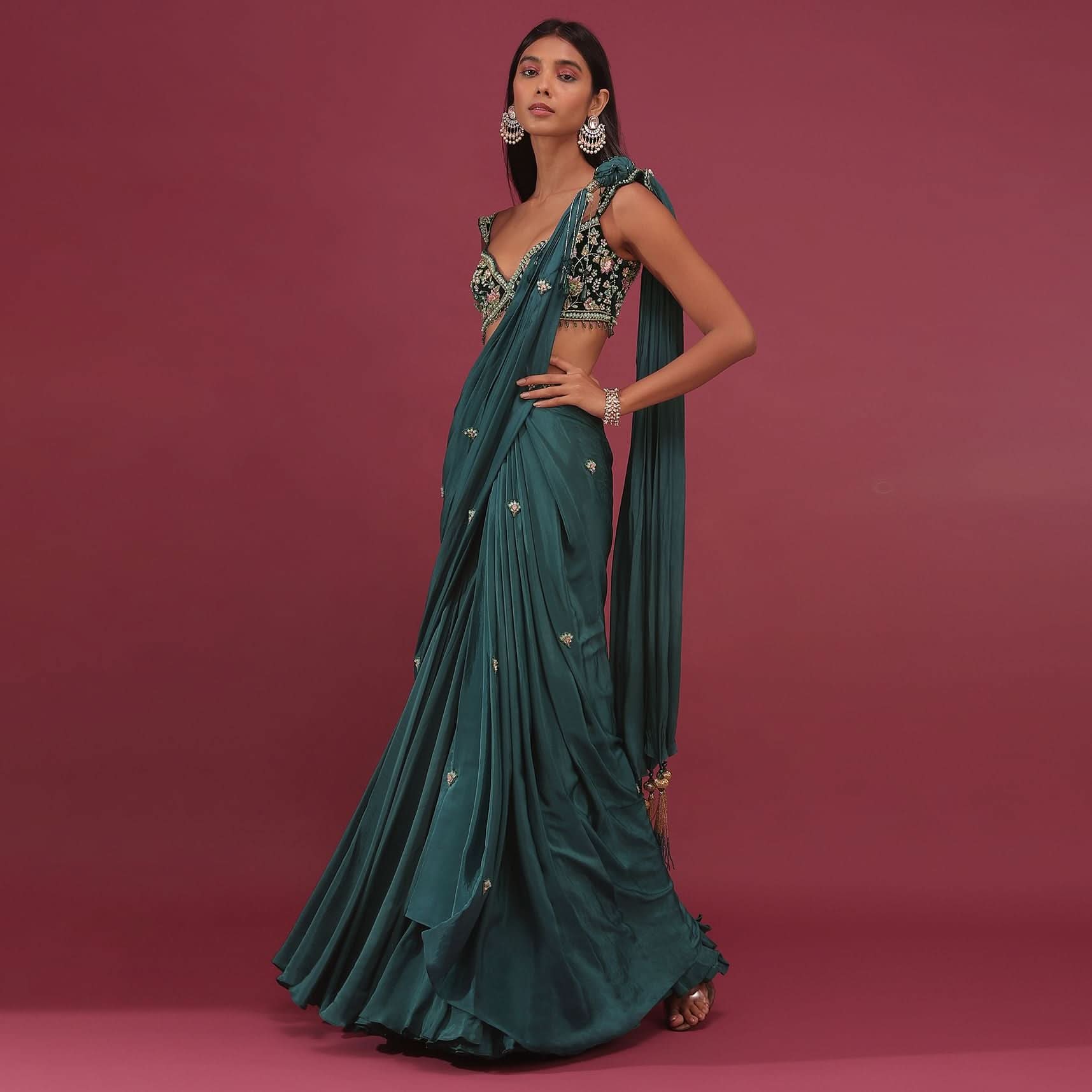 Emerald Green Pre Drape Saree With Floral Buttis And Embroidered Blouse - NOOR 2022 - Image 4