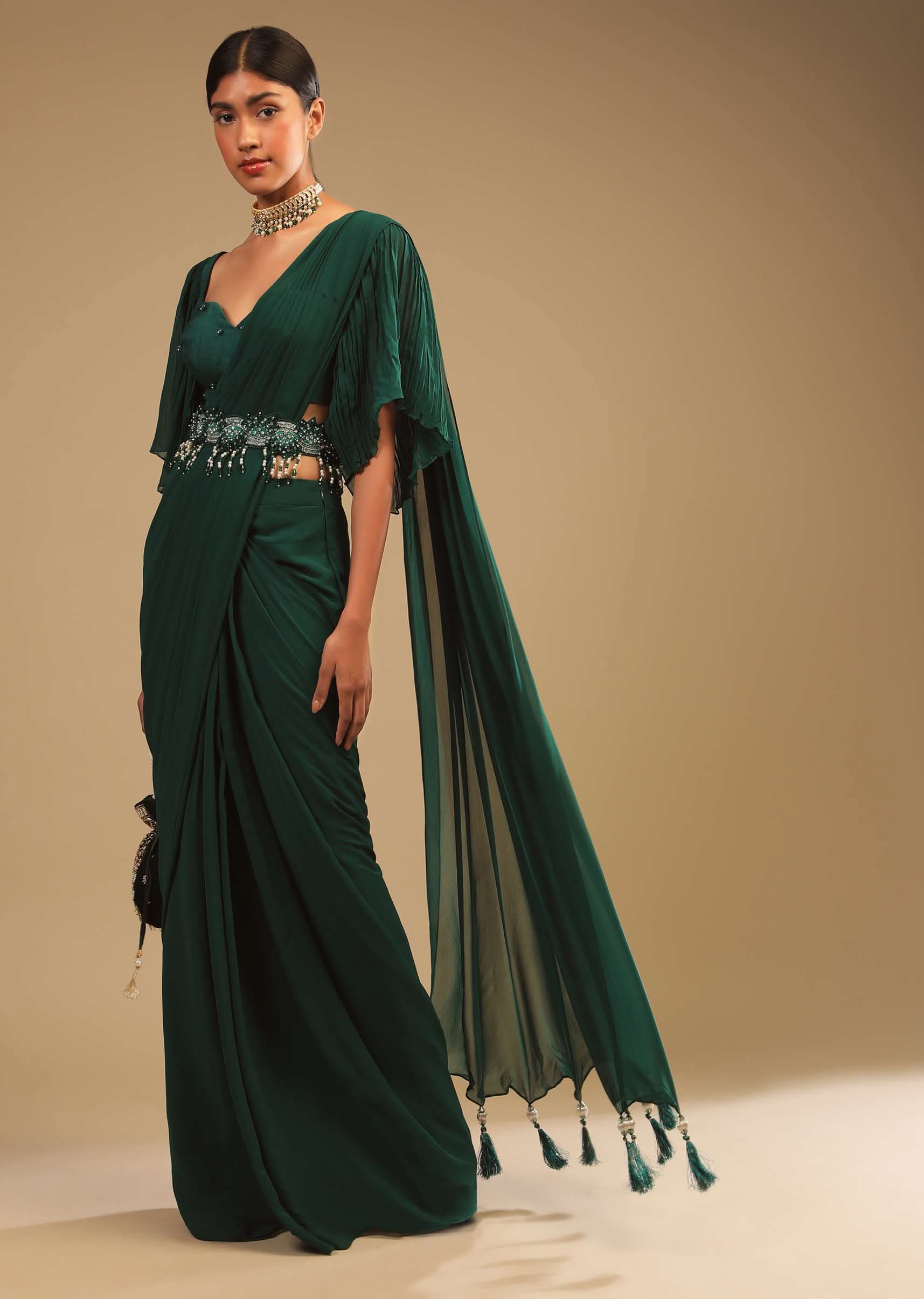 Emerald Green Ready To Wear Saree In Georgette With Bell Sleeves Crop Top And Chunky Embroidered Belt - Image 3