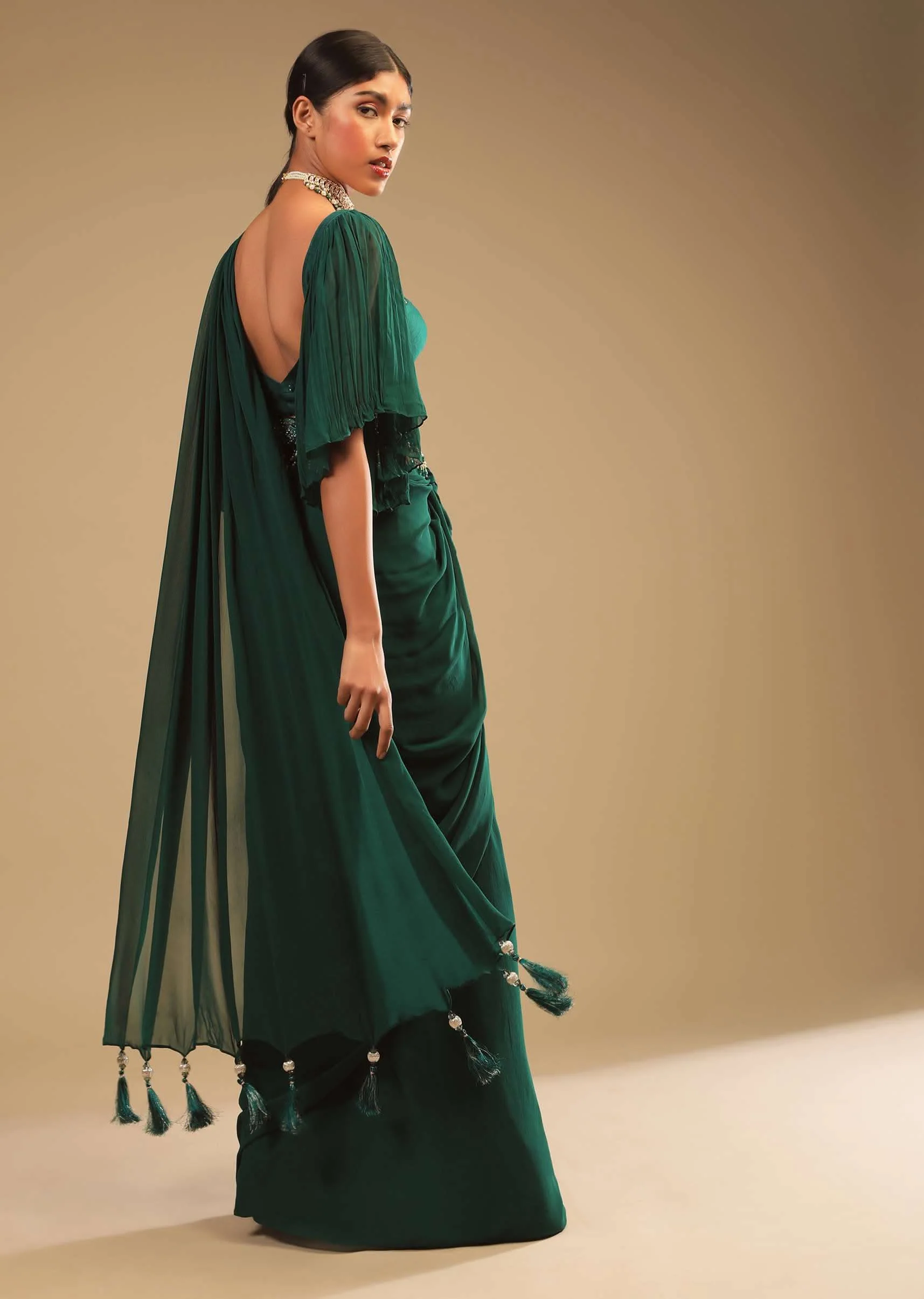 Emerald Green Ready To Wear Saree In Georgette With Bell Sleeves Crop Top And Chunky Embroidered Belt - Image 4