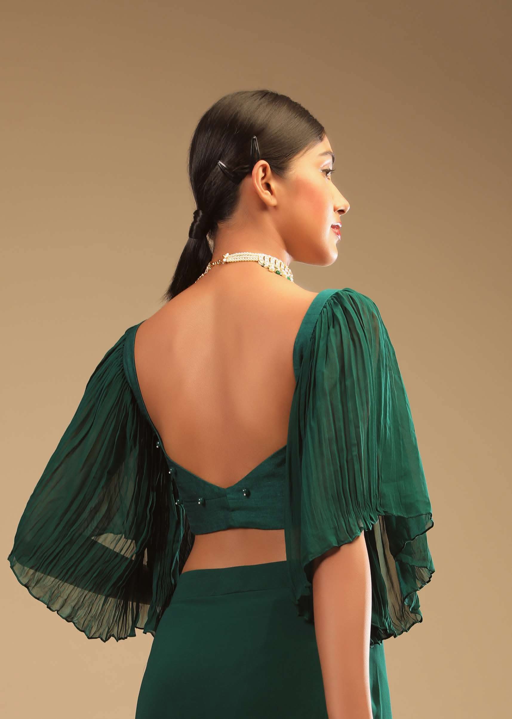 Emerald Green Ready To Wear Saree In Georgette With Bell Sleeves Crop Top And Chunky Embroidered Belt - Image 7