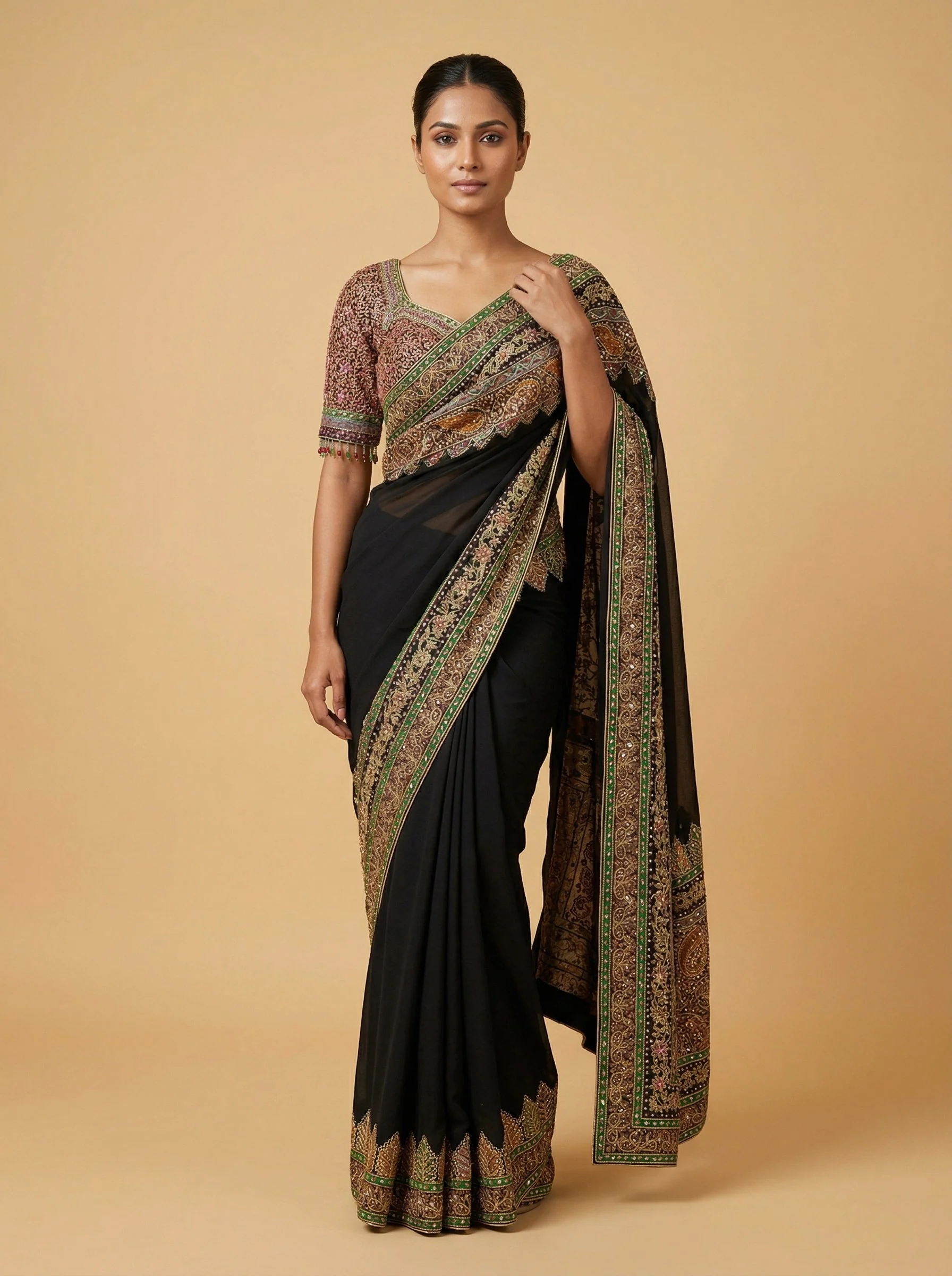 Espresso Brown Black Embroidered Saree