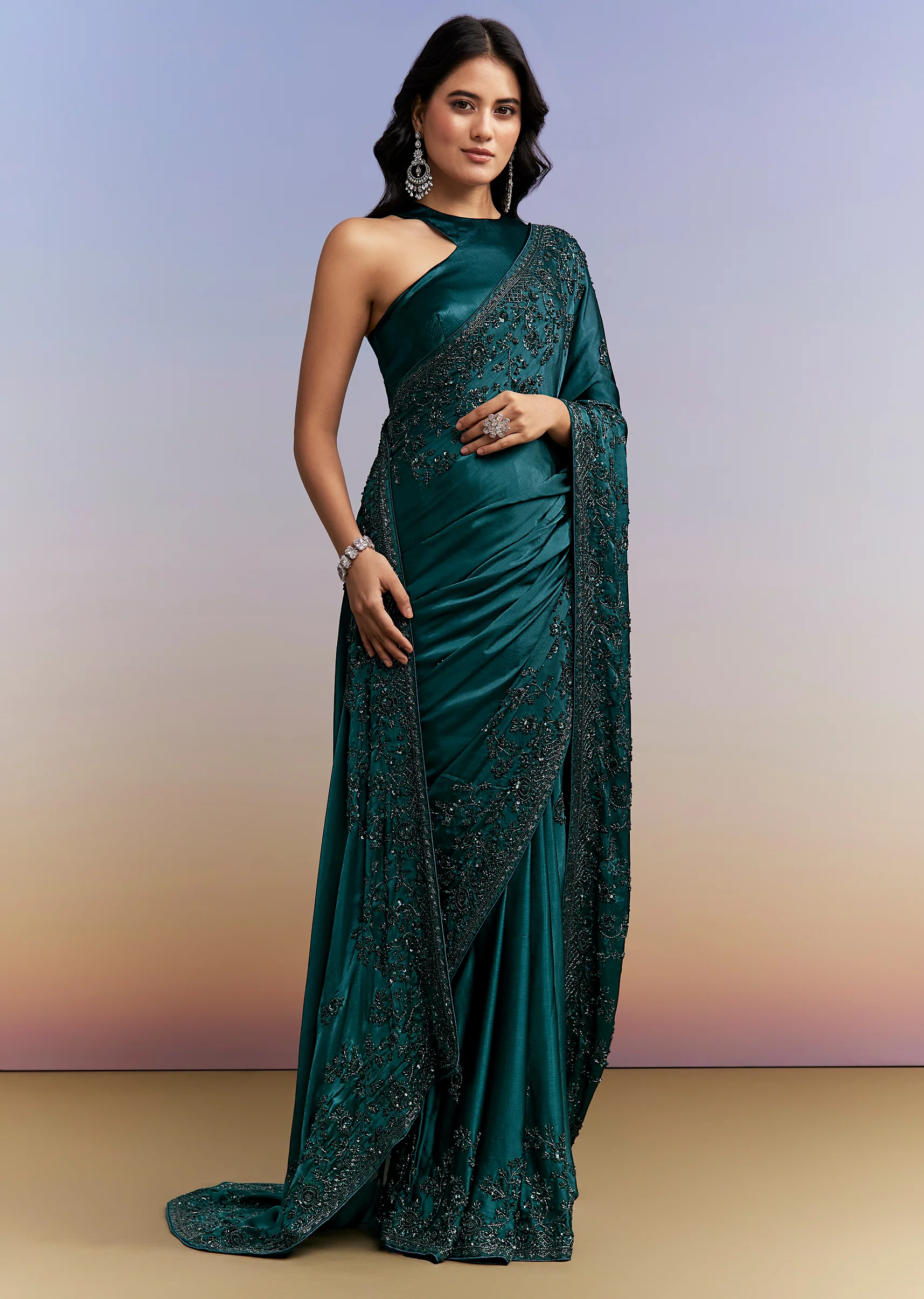 Evening Glamour Couple Set – Teal Blue Satin Chinon Embroidered Saree for Her And Black Velvet Jodhpuri for Him - Image 2