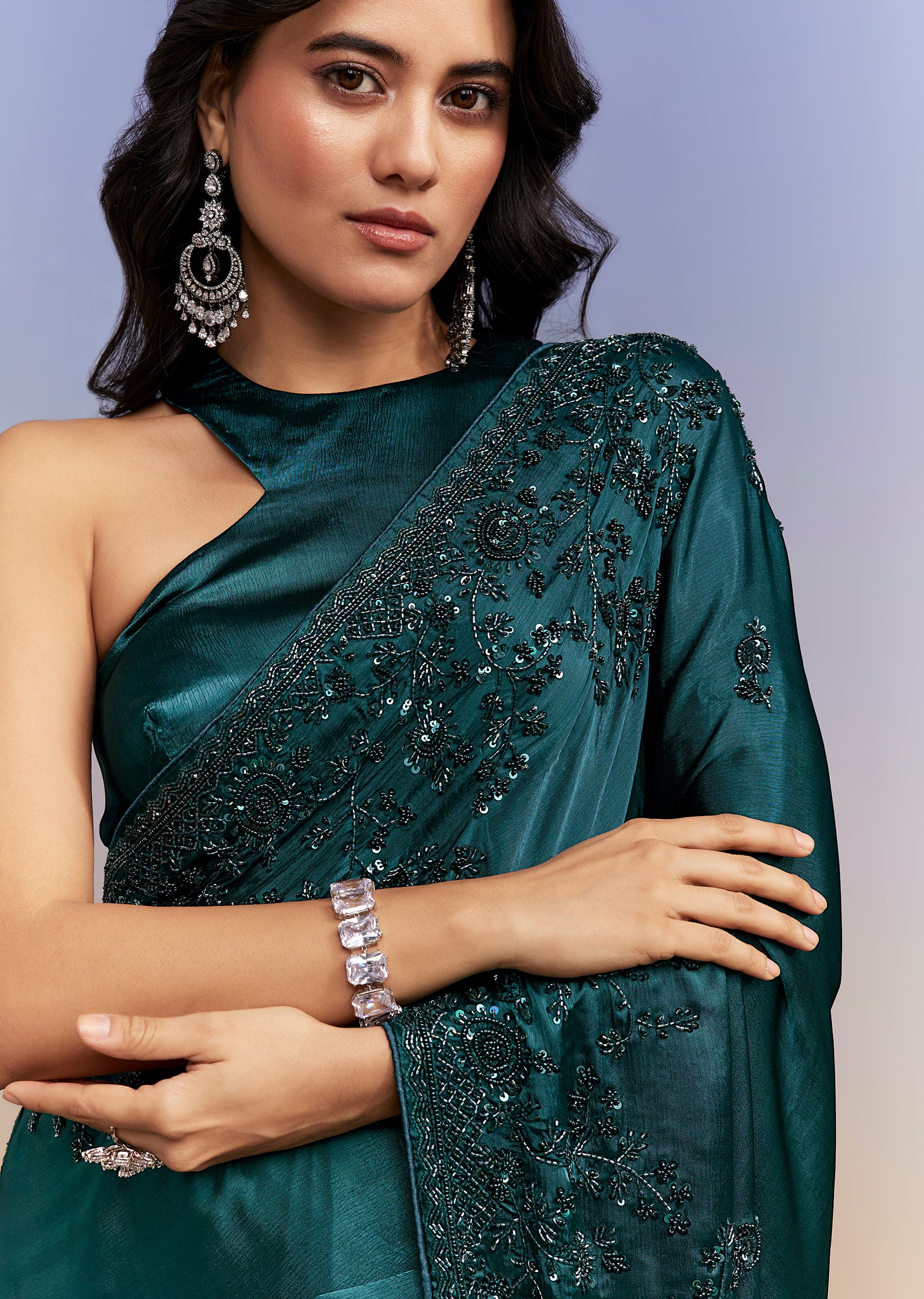 Evening Glamour Couple Set – Teal Blue Satin Chinon Embroidered Saree for Her And Black Velvet Jodhpuri for Him - Image 3