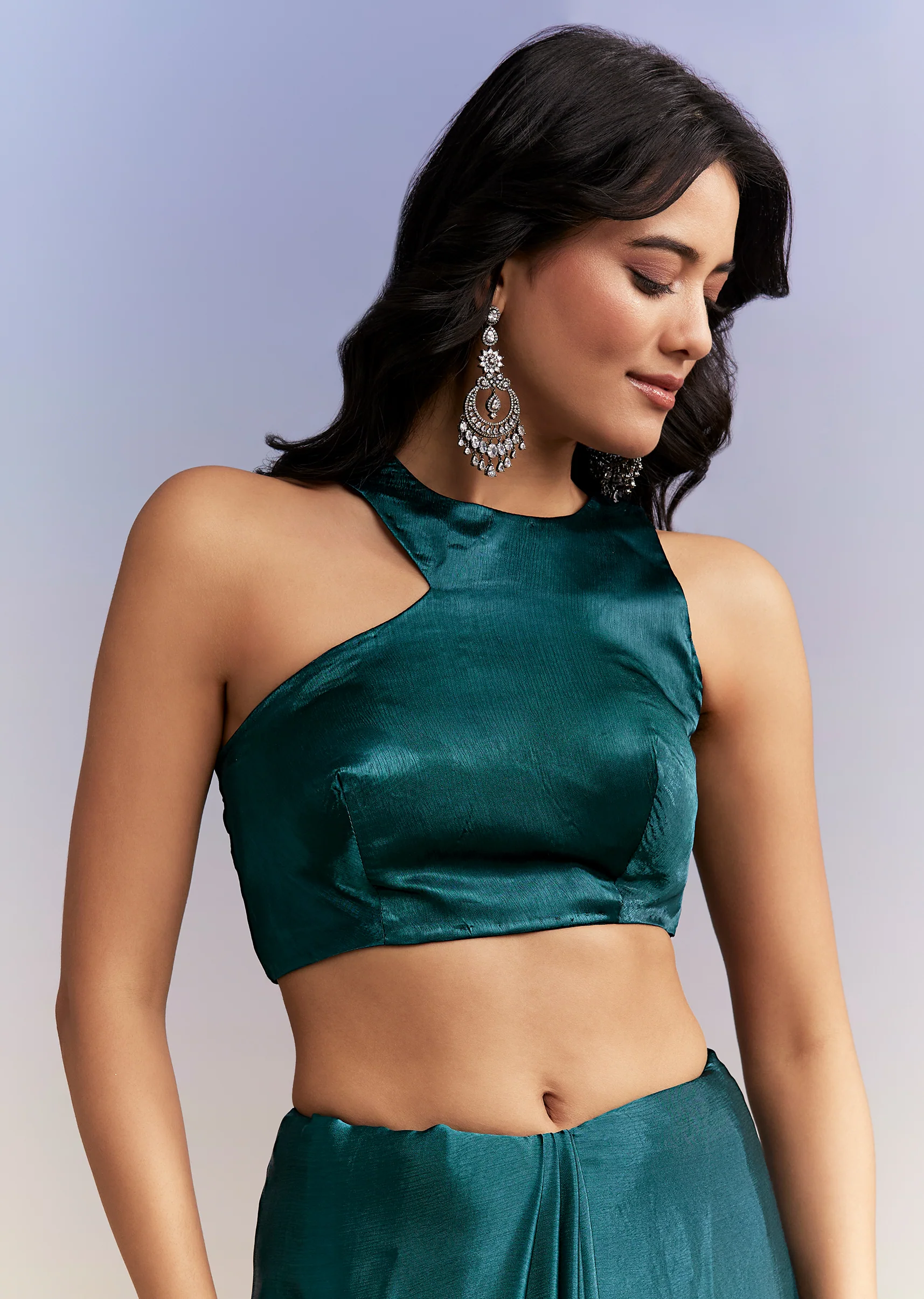 Evening Glamour Couple Set – Teal Blue Satin Chinon Embroidered Saree for Her And Black Velvet Jodhpuri for Him - Image 8