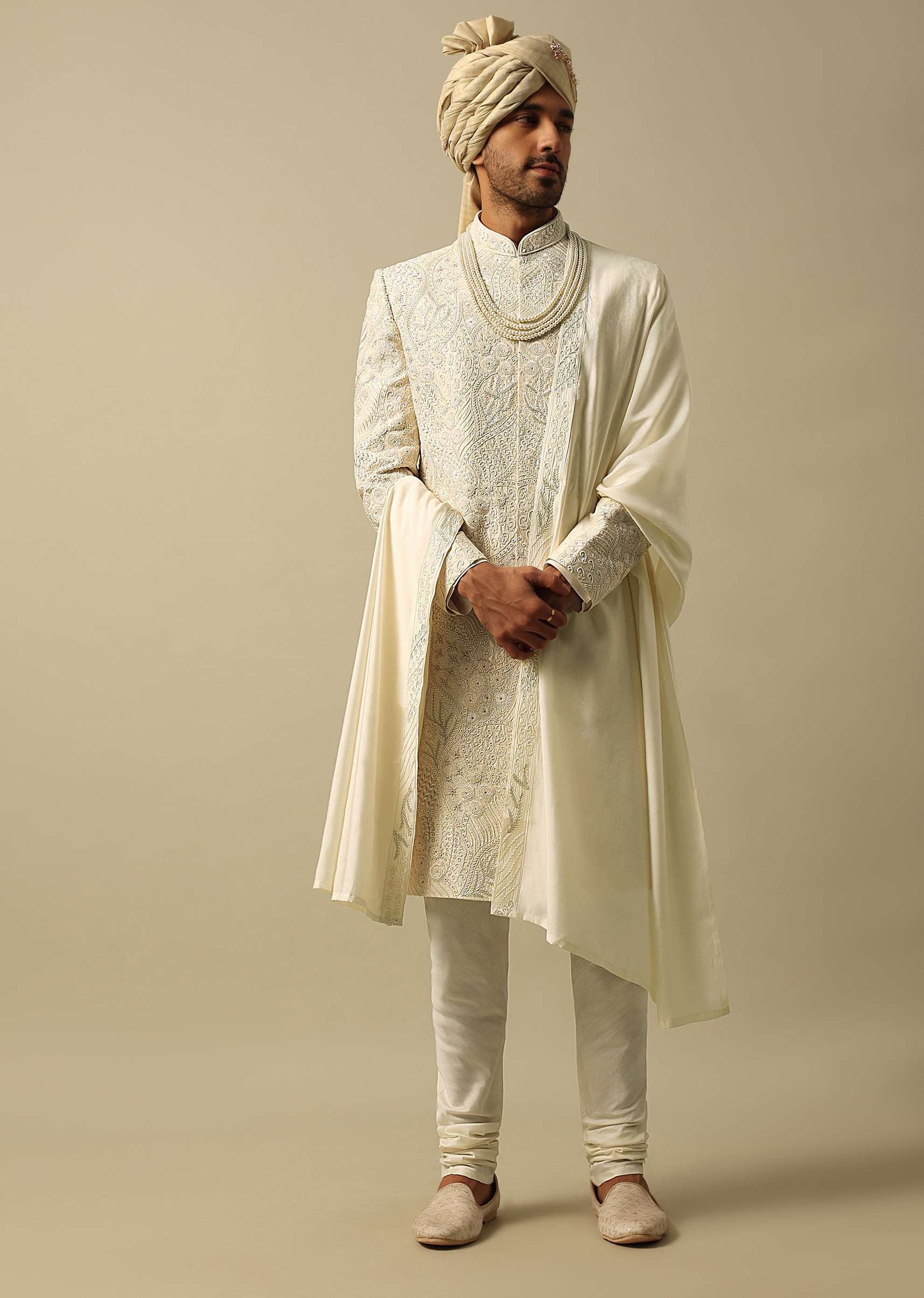 Exquisite White Raw Silk Sherwani Set - Image 4