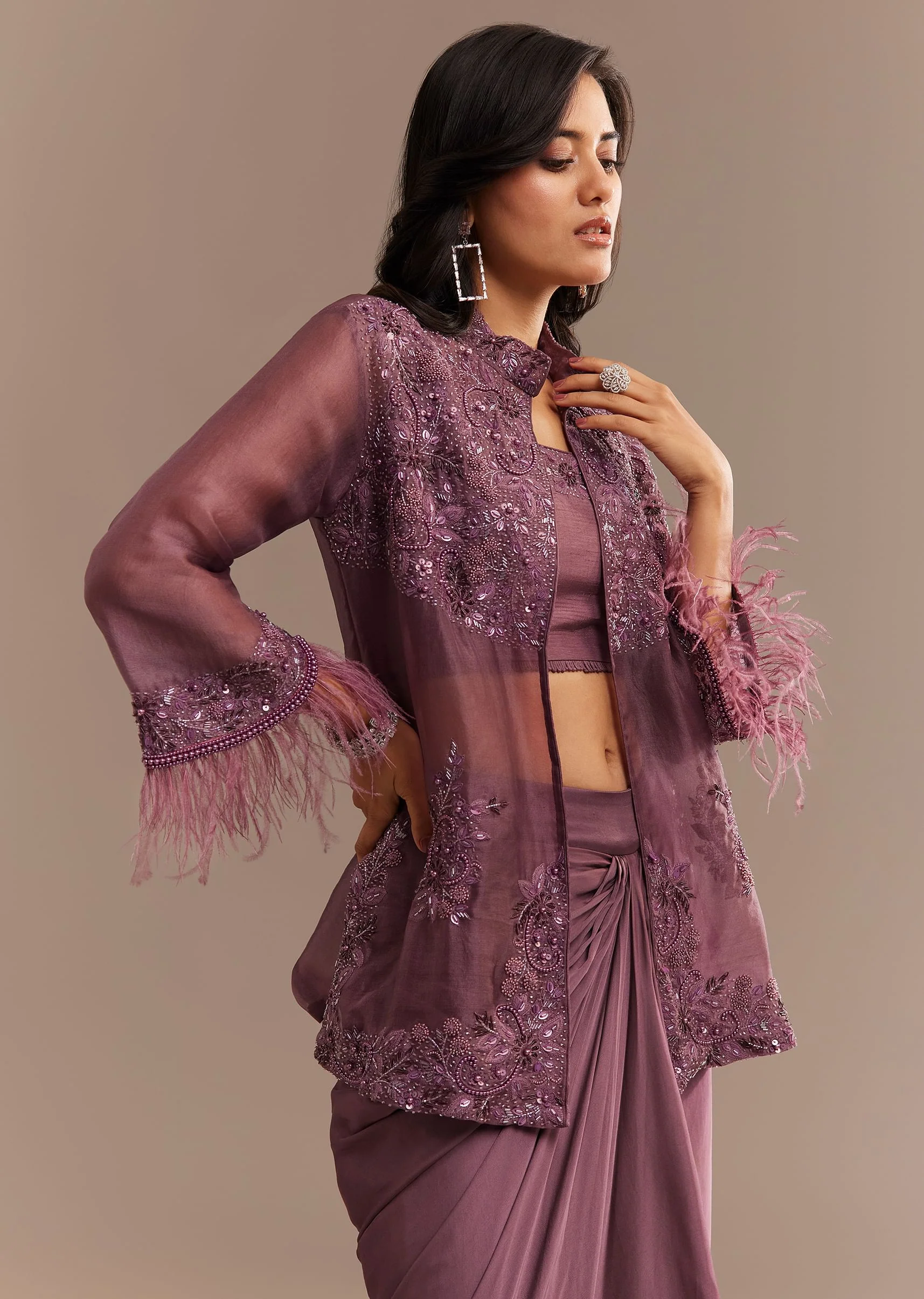 Faded Wine Sequined Jacket Draped Skirt Set - Image 4