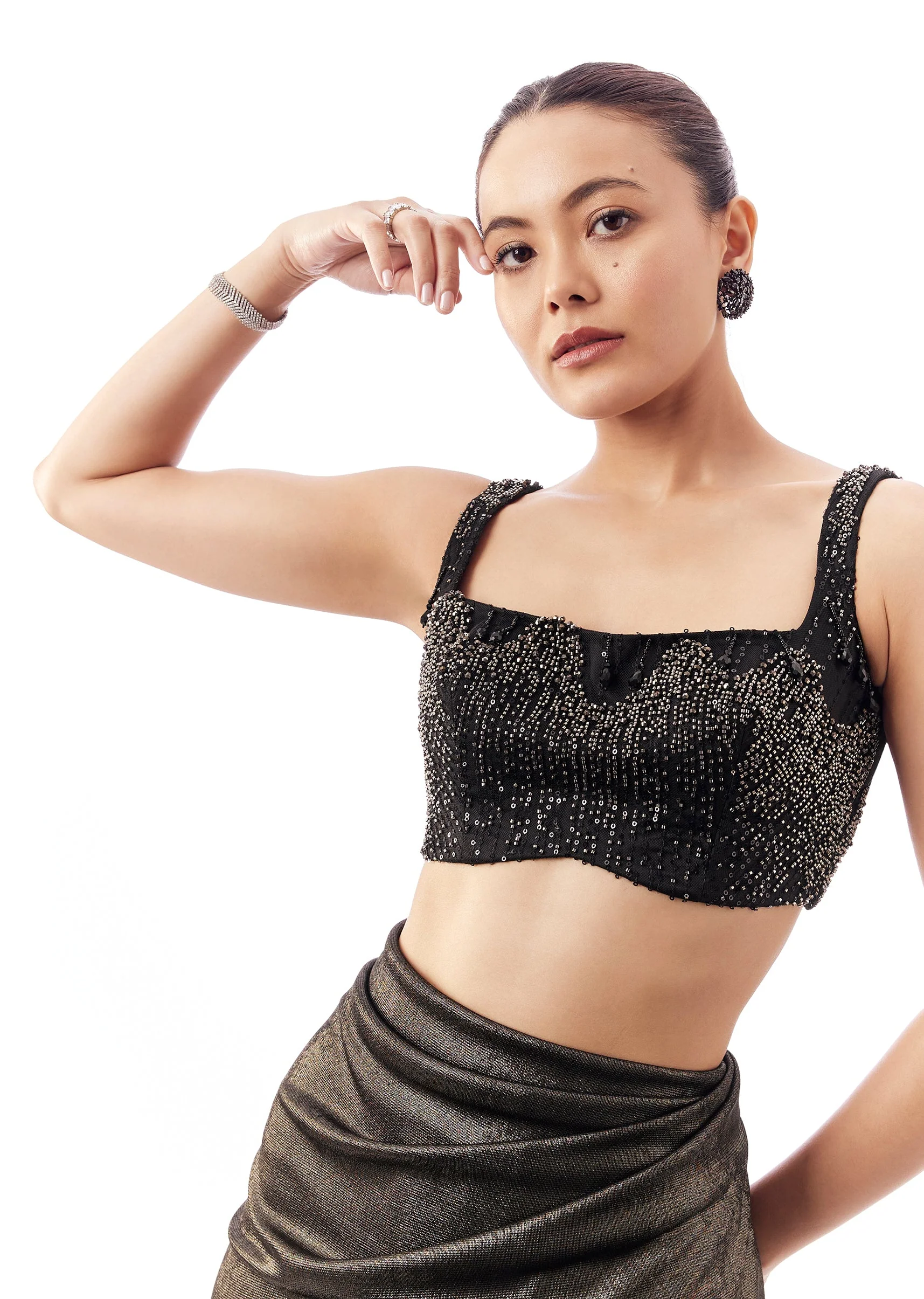 Fancy Neck Black Blouse With Shoulder Straps And Back Dori - Image 2