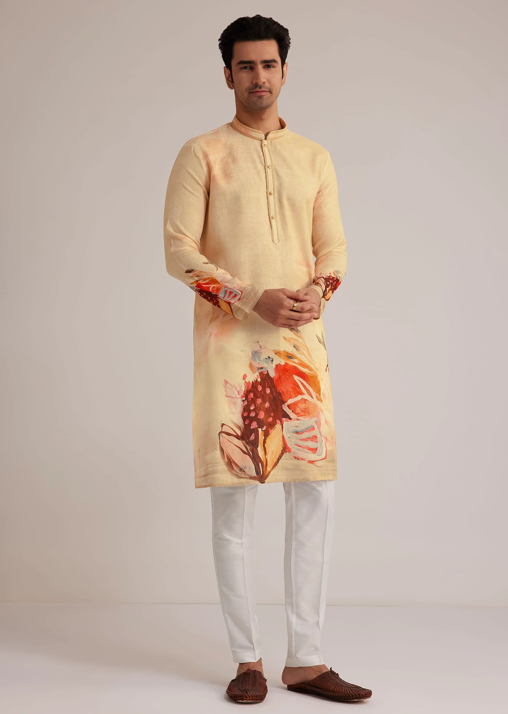 Fawn Linen Kurta Set With Butterfly Inspired Abstract Print - Image 2
