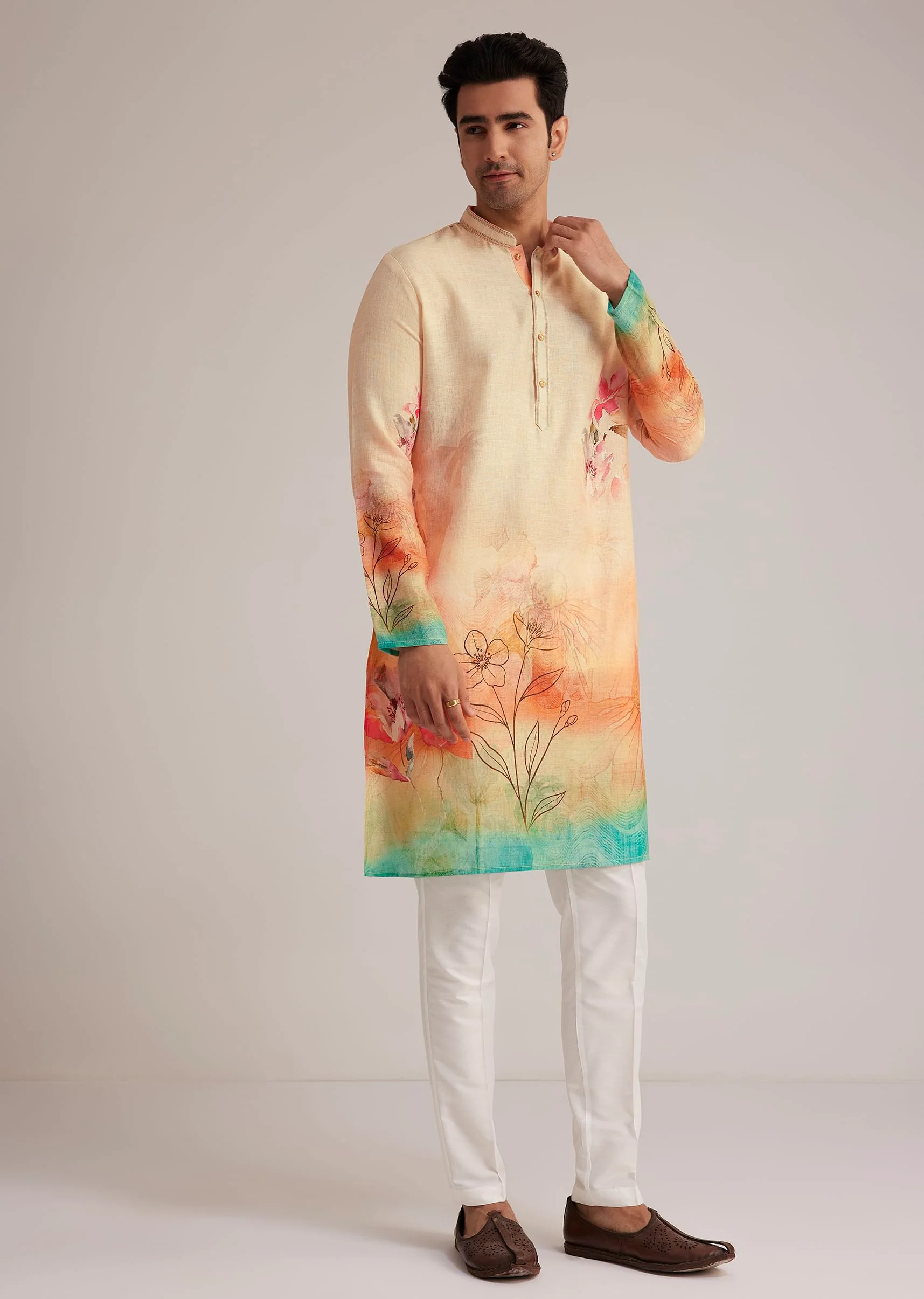 Fawn Linen Ombre Kurta Set With Floral Print - Image 4
