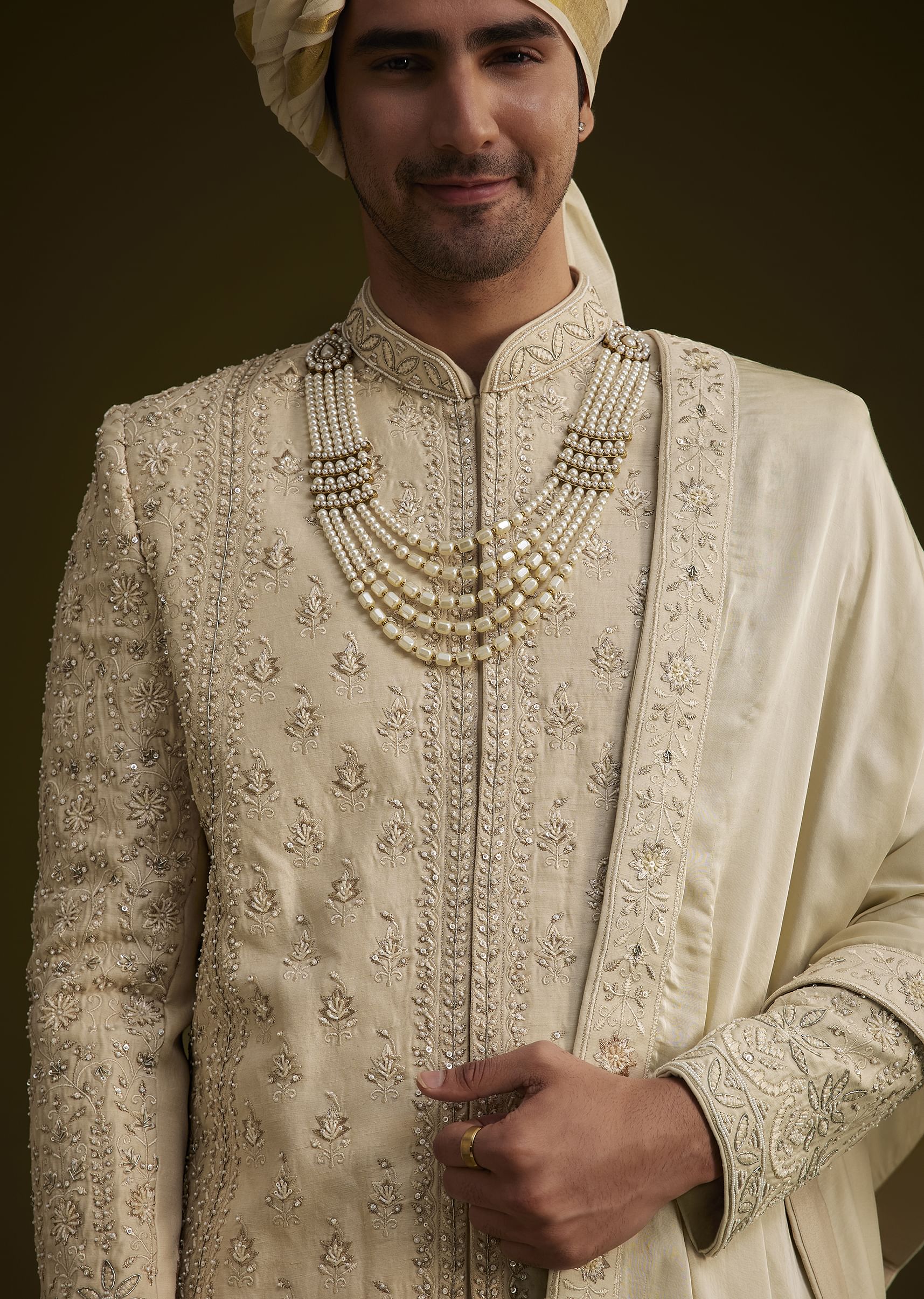 Fawn Raw Silk Sherwani Set With Zardosi Embroidery - Image 2