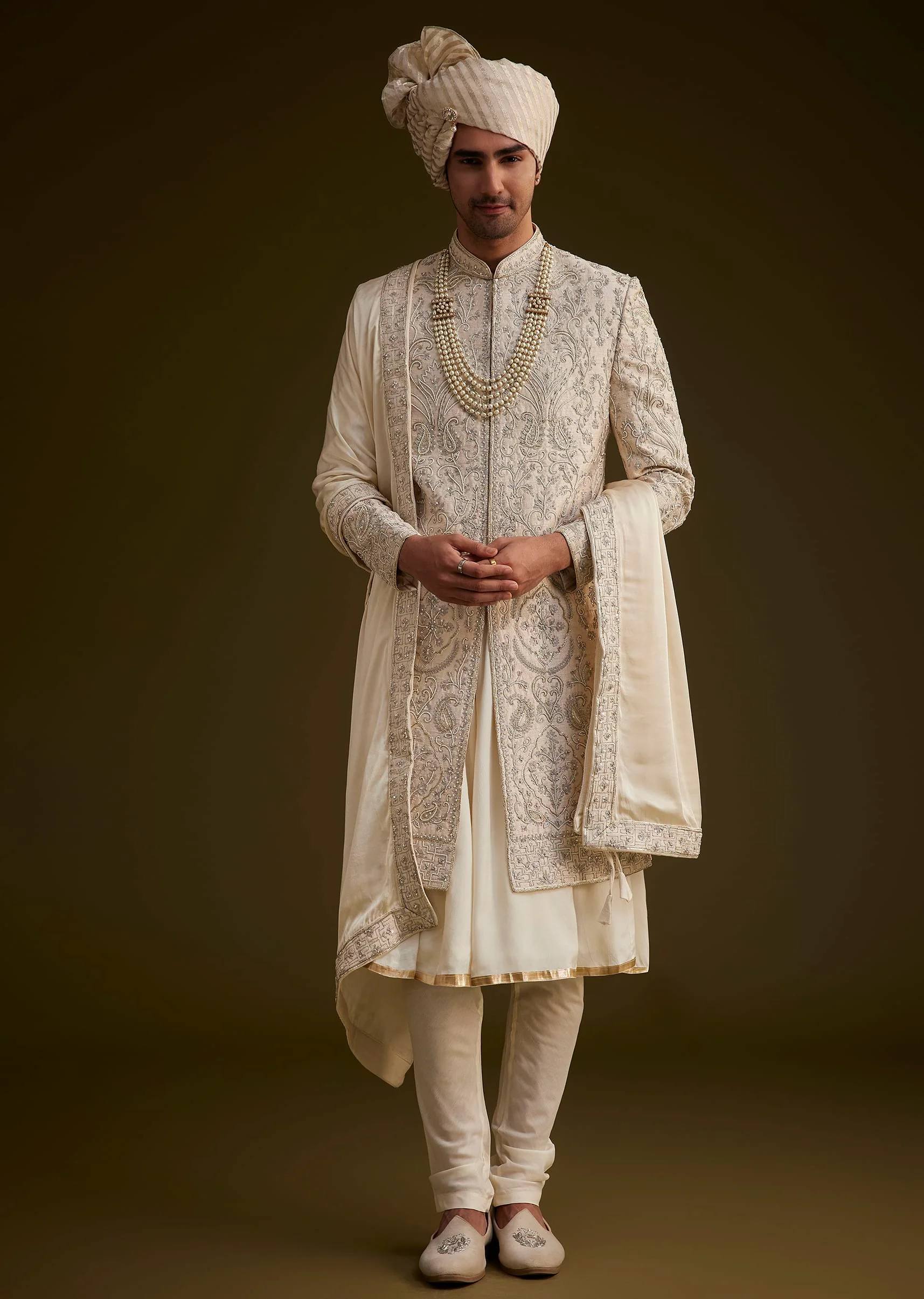 Fawn Silk Sherwani Set With Zardosi Detailing - Image 5