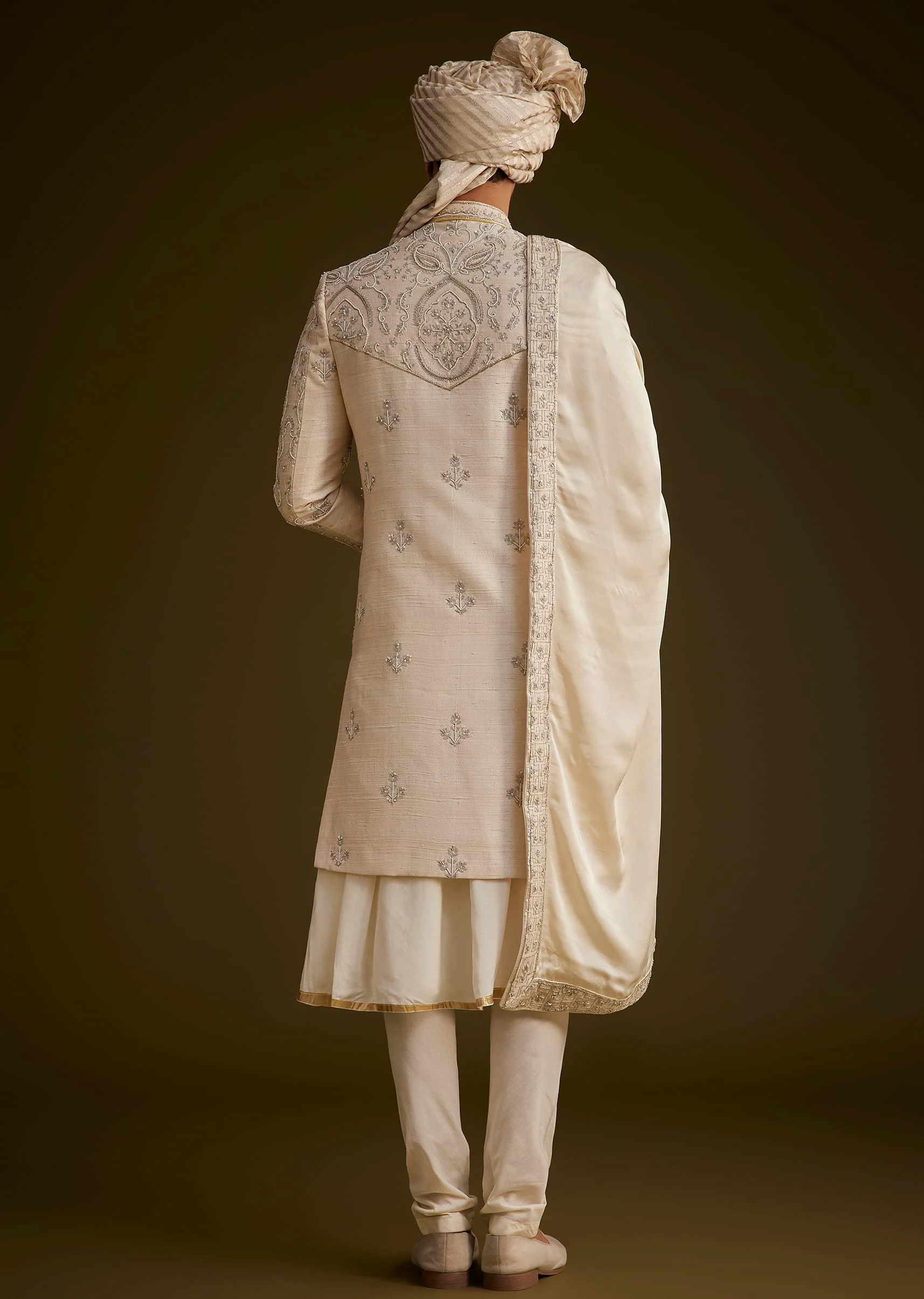 Fawn Silk Sherwani Set With Zardosi Detailing - Image 6