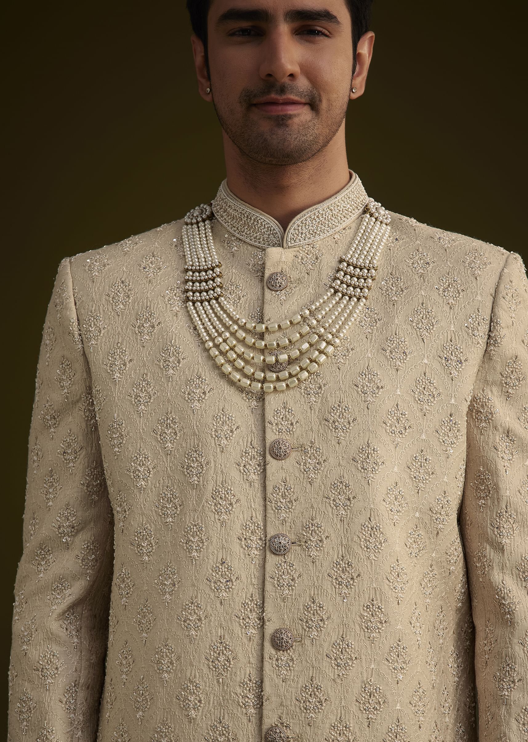 Fawn Silk Sherwani Set With Zardosi Embroidery - Image 2
