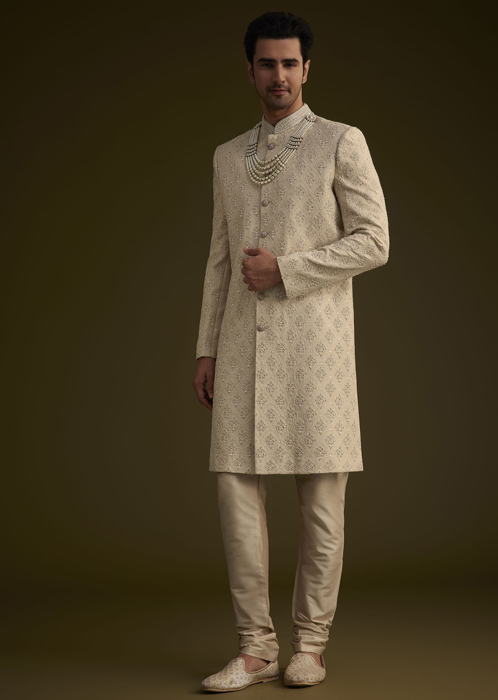 Fawn Silk Sherwani Set With Zardosi Embroidery - Image 3