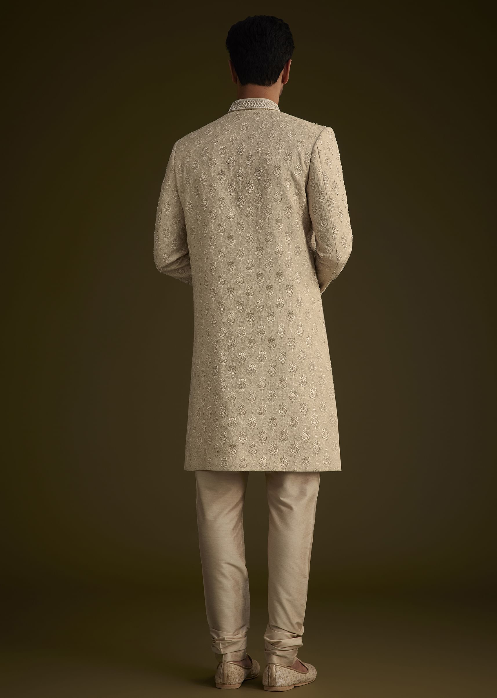 Fawn Silk Sherwani Set With Zardosi Embroidery - Image 5