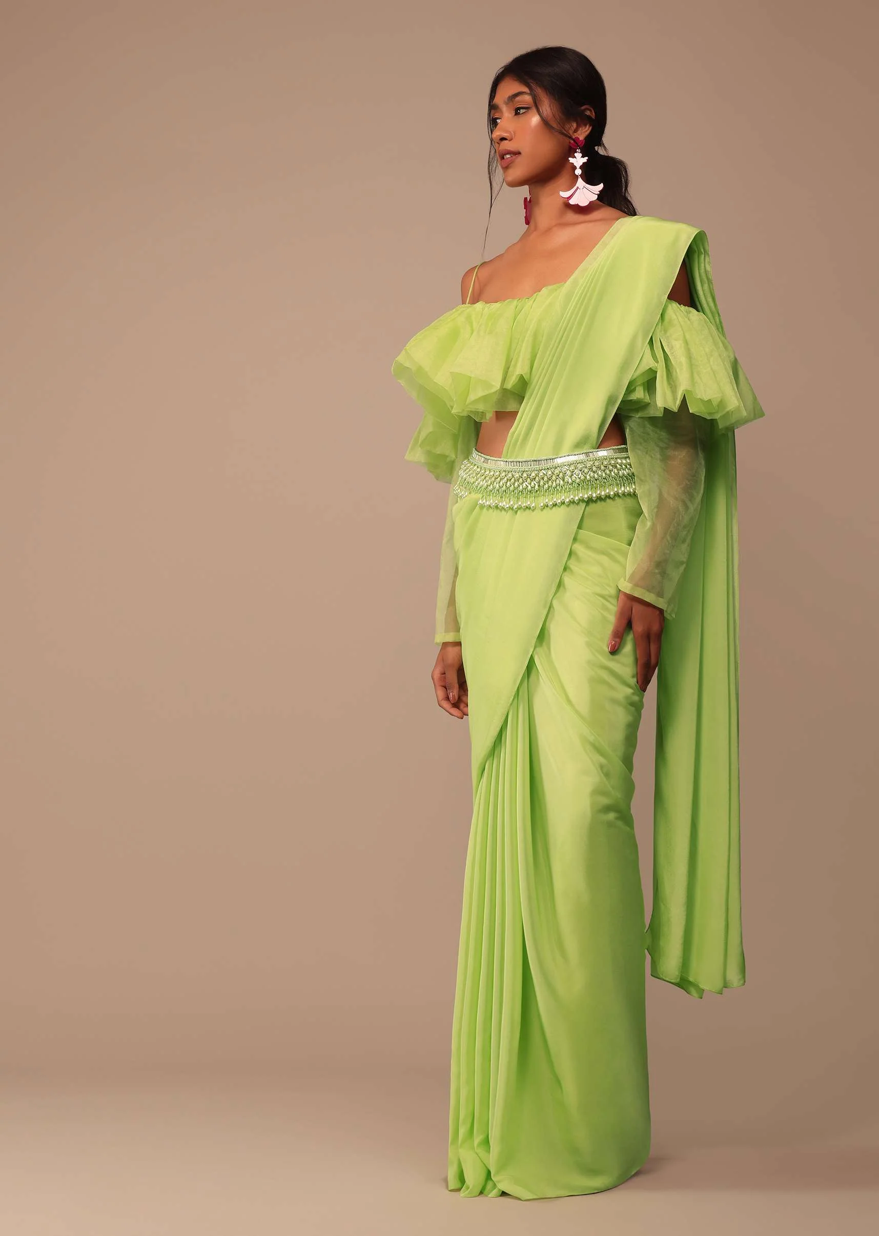 Fern Green Crepe Saree With Organza Frilled Blouse - Image 3