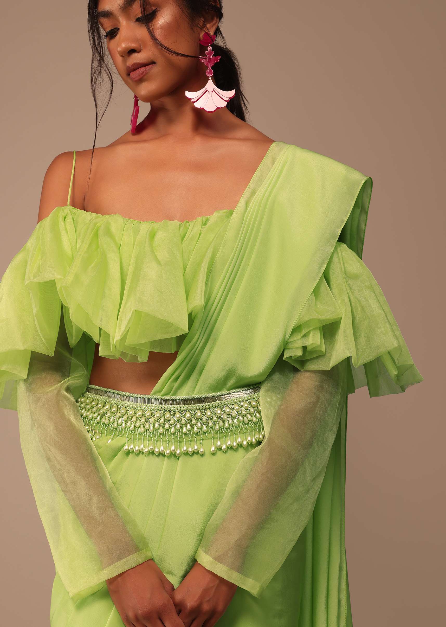 Fern Green Crepe Saree With Organza Frilled Blouse - Image 5