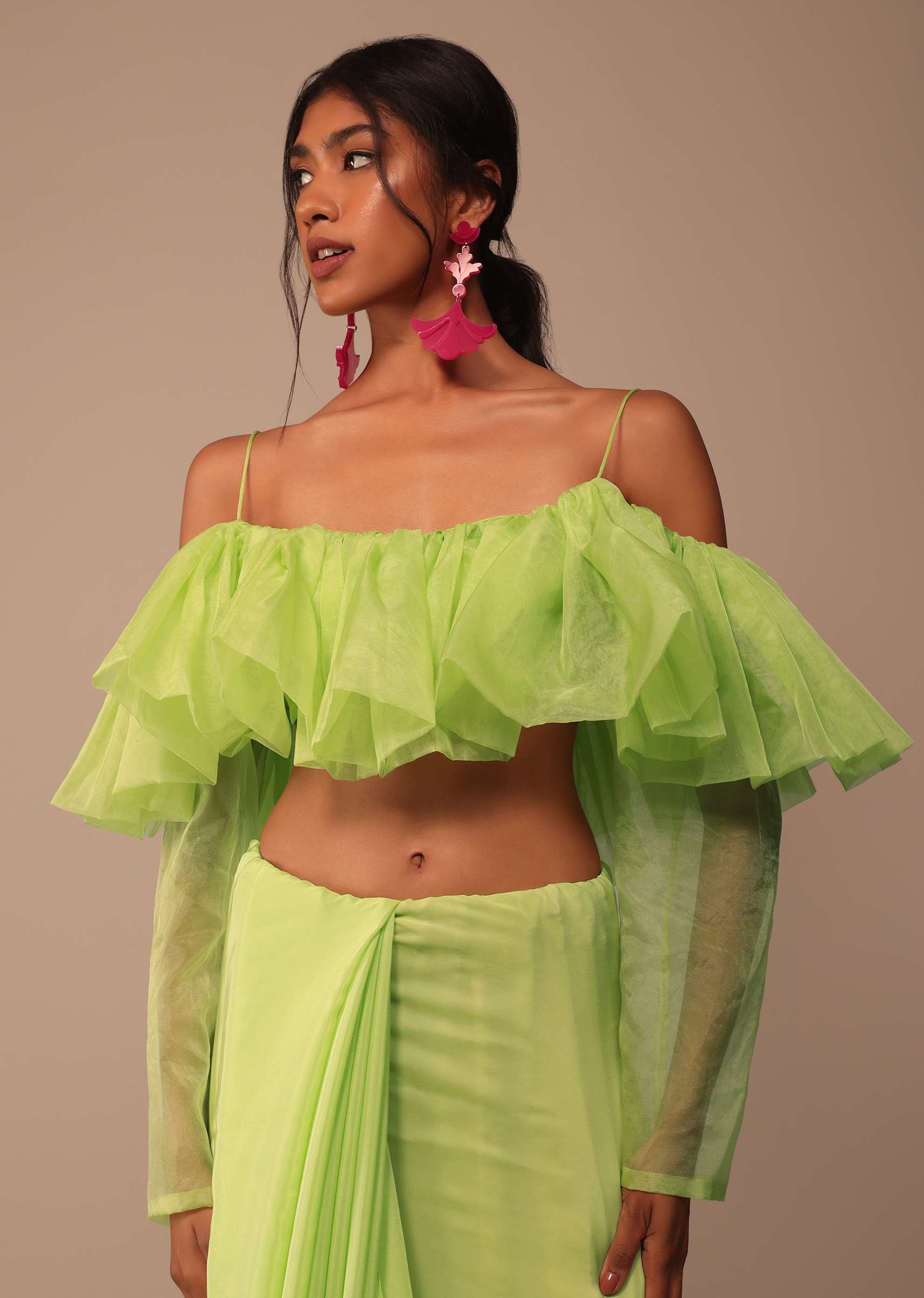 Fern Green Crepe Saree With Organza Frilled Blouse - Image 7