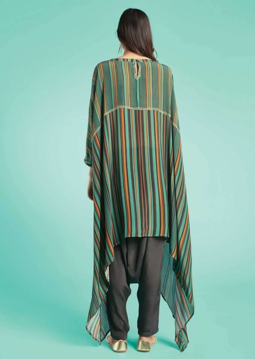 Fern Green Kurta Set With Multi Colored Striped And Checks Pattern And Grey Low Crotch Pants - Image 2