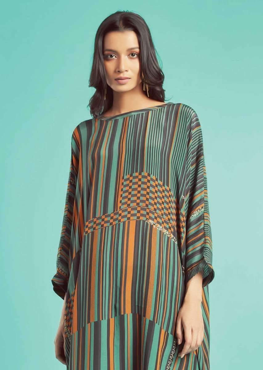 Fern Green Kurta Set With Multi Colored Striped And Checks Pattern And Grey Low Crotch Pants - Image 3