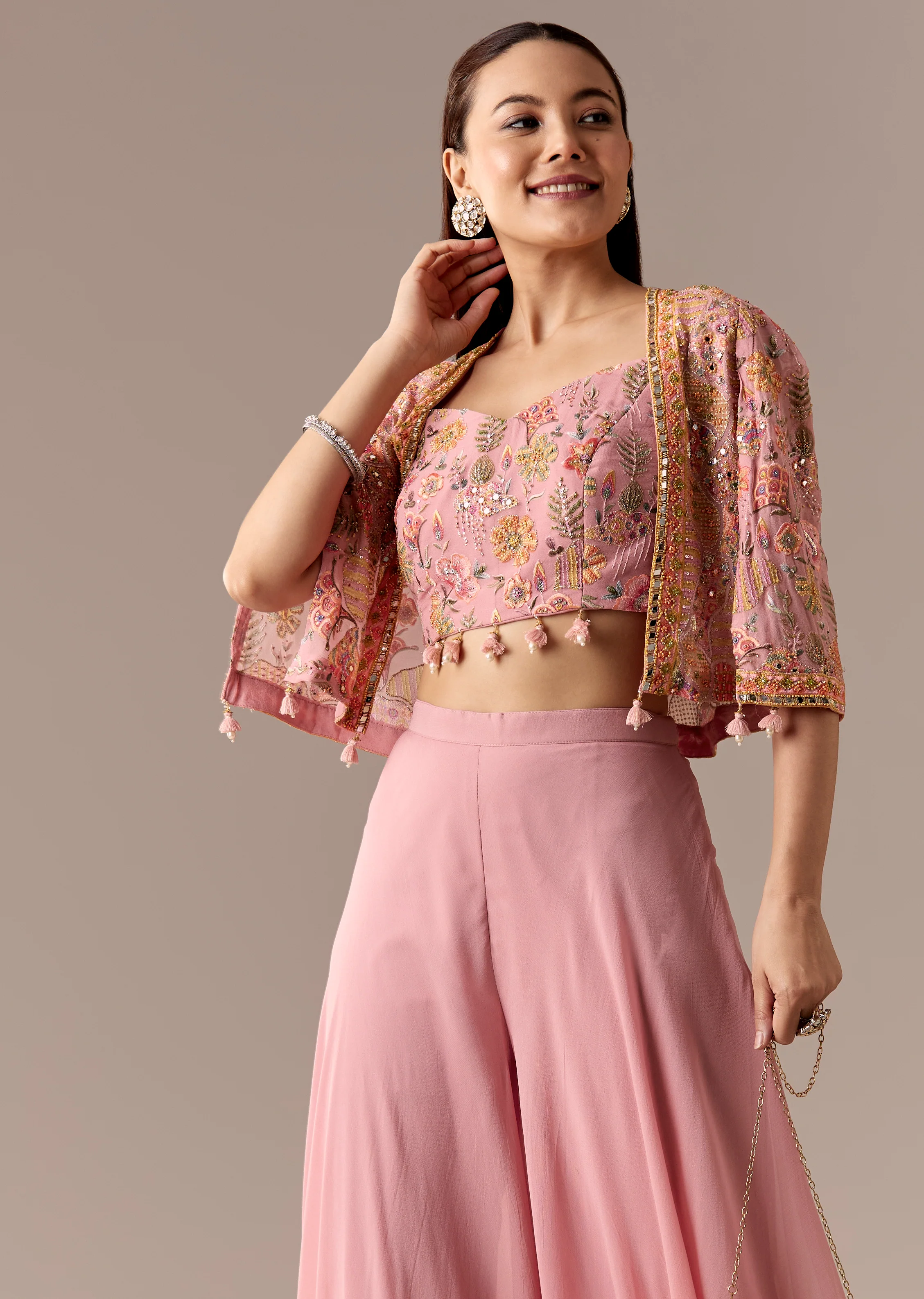 Festive Couple Set – Pink Embellished Cape Palazzo Set for Her And Blue Silk Kurta Set with Resham Embroidery for Him - Image 4