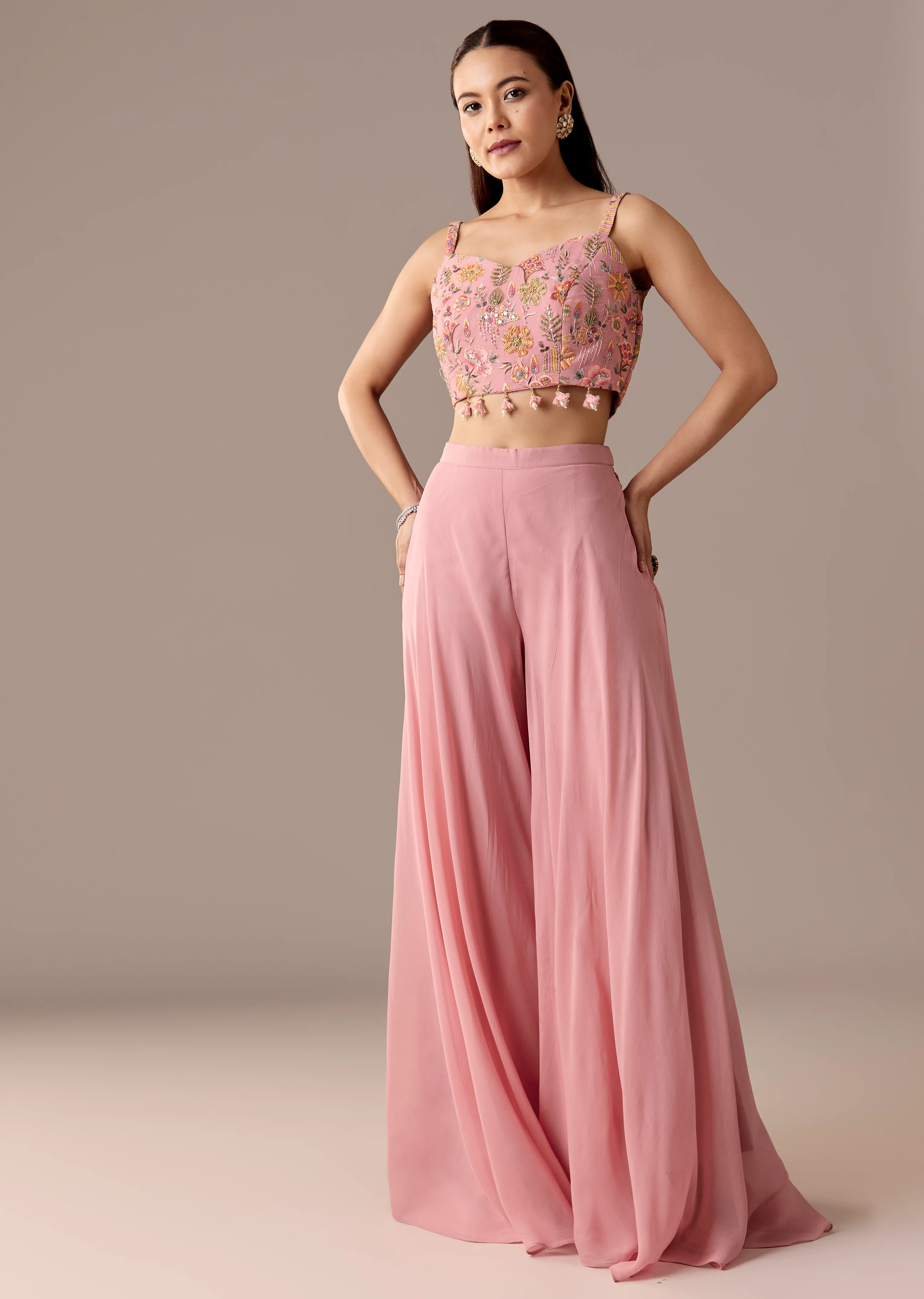 Festive Couple Set – Pink Embellished Cape Palazzo Set for Her And Blue Silk Kurta Set with Resham Embroidery for Him - Image 5