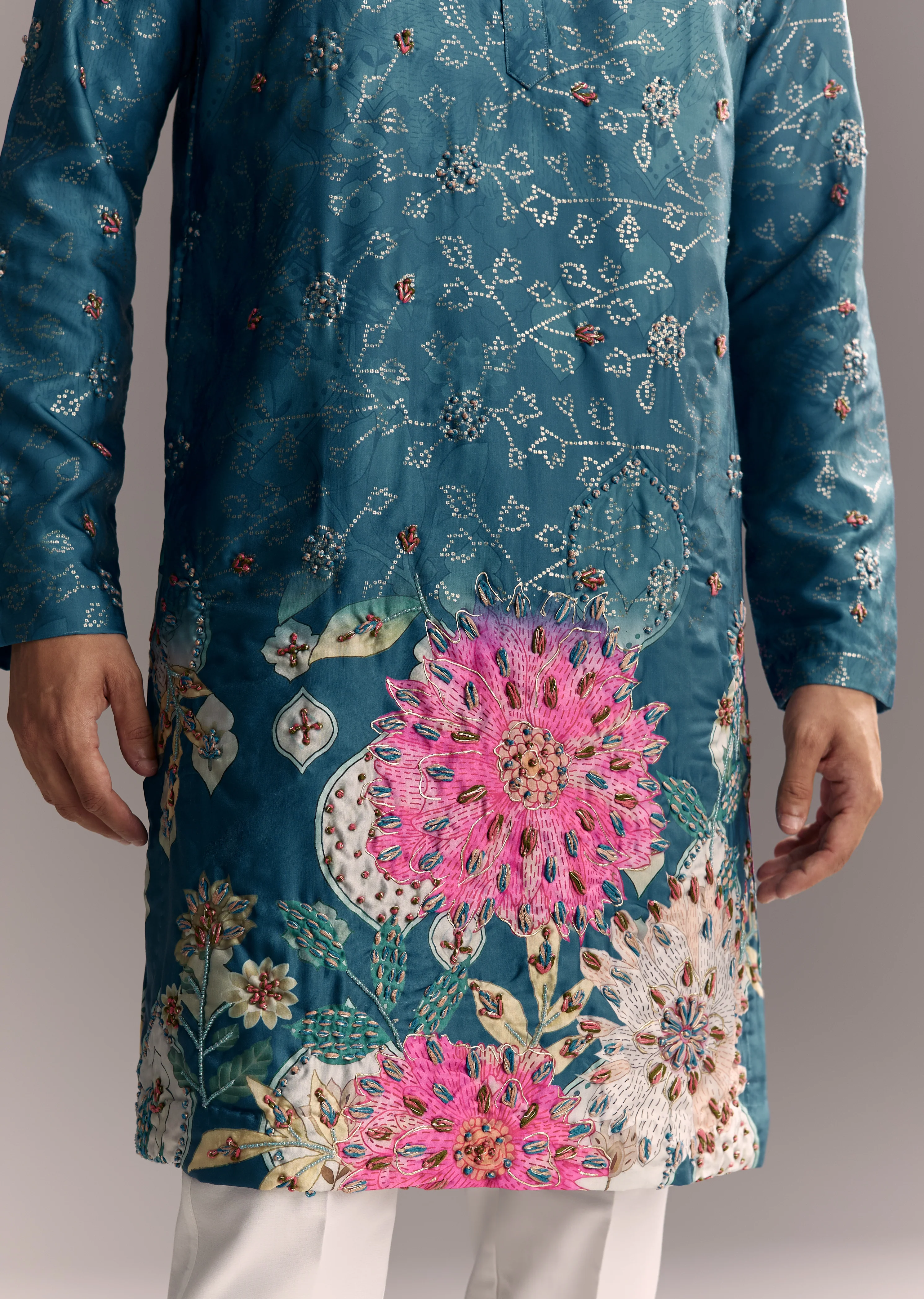 Festive Couple Set – Pink Embellished Cape Palazzo Set for Her And Blue Silk Kurta Set with Resham Embroidery for Him - Image 9