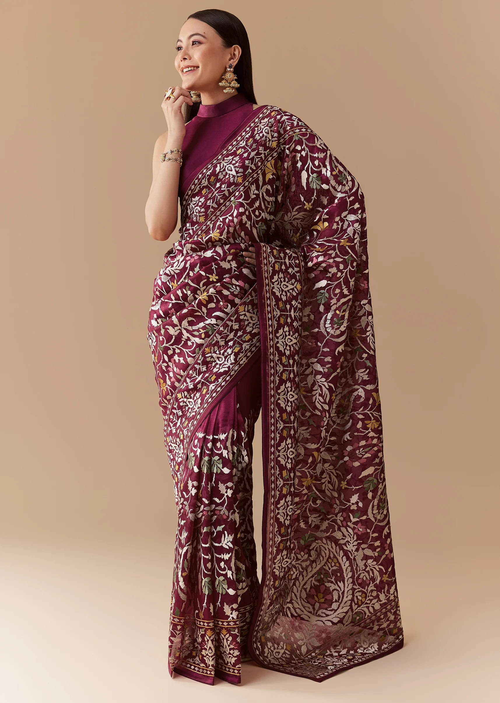 Festive Couple Set – Wine Tissue Organza Embroidered Saree For Her And Red Silk Kurta Jacket Set With Resham Embroidery For Him - Image 4