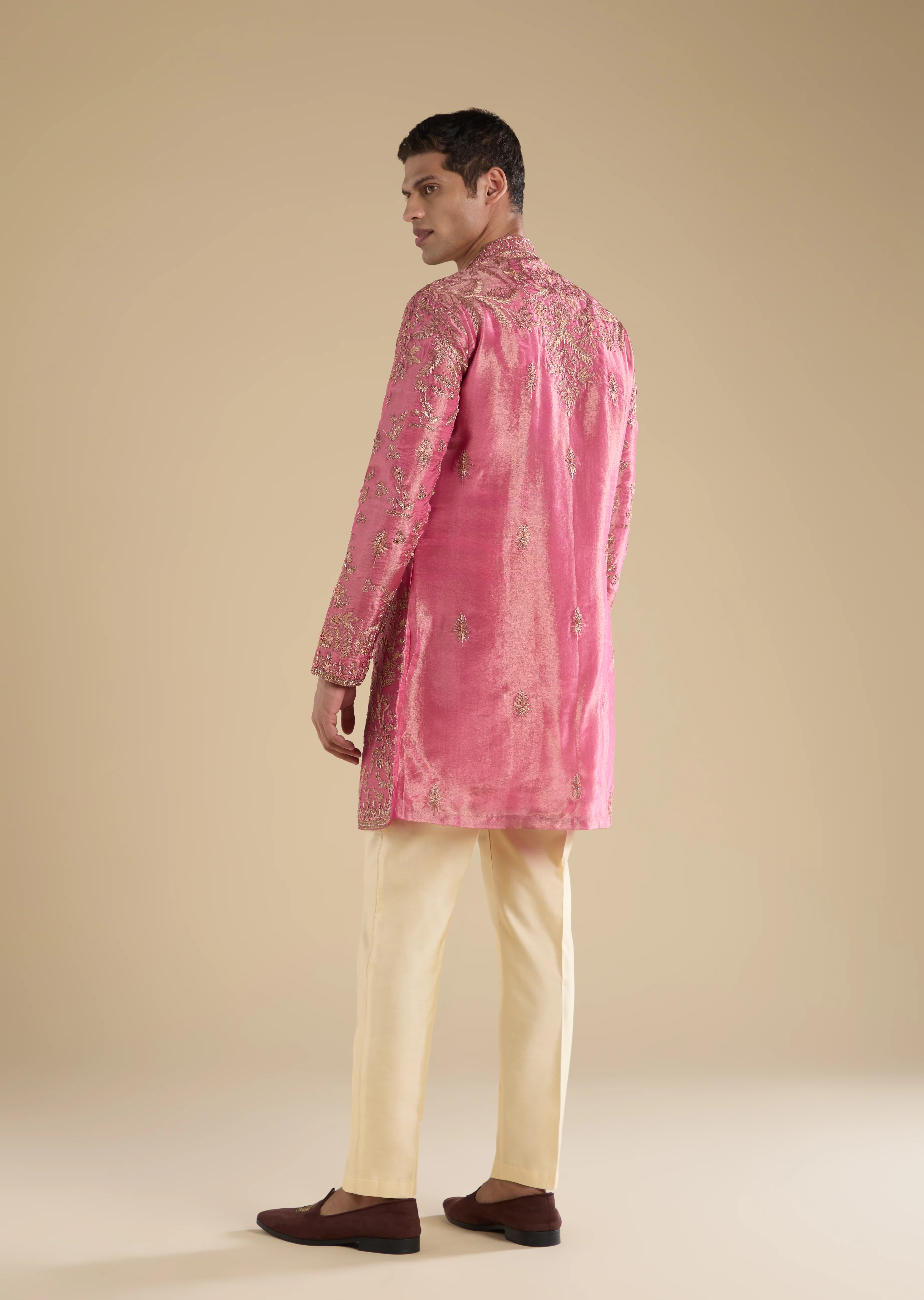 Festive Wedding Couple Set – Orange Brocade Bridesmaid Lehenga with Leheriya Dupatta for Her And Pink Embellished Tissue Kurta Set for Him - Image 10