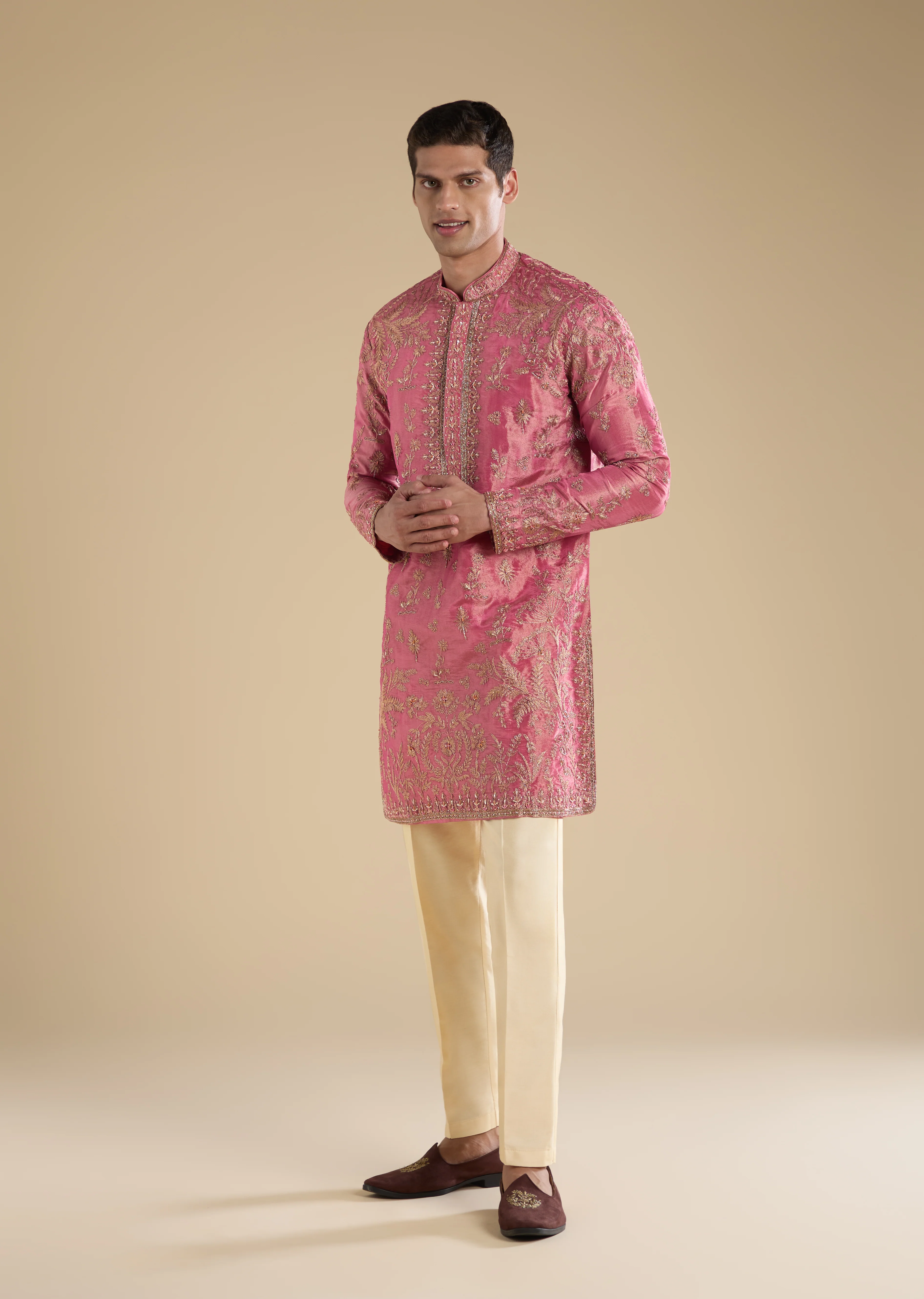 Festive Wedding Couple Set – Orange Brocade Bridesmaid Lehenga with Leheriya Dupatta for Her And Pink Embellished Tissue Kurta Set for Him - Image 8