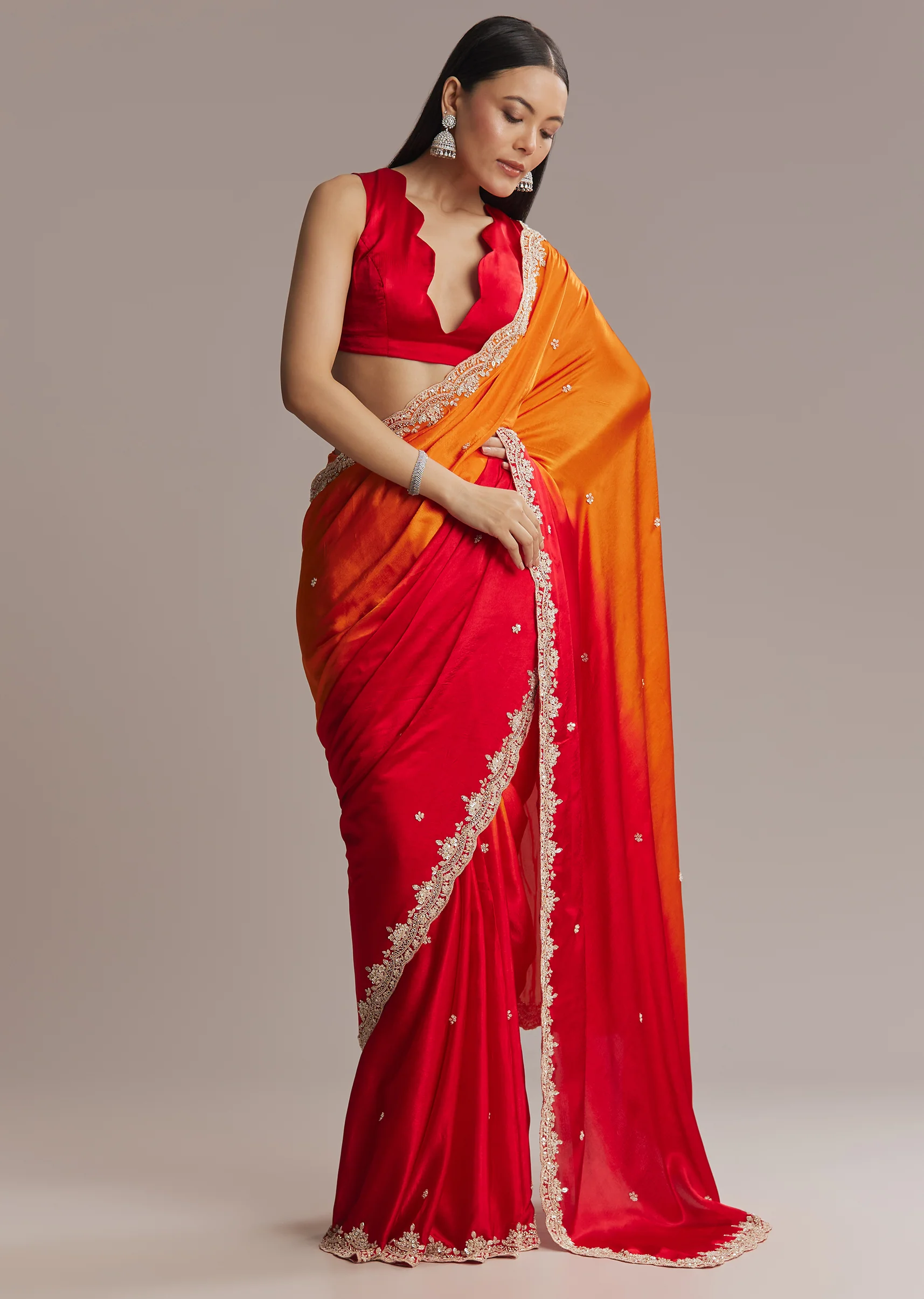 Fiery Festive Couple Set – Orange And Red Chinon Saree With Sequin And Bead Embroidery For Her And Red Ombre Kurta Set With Mirror Work For Him - Image 2