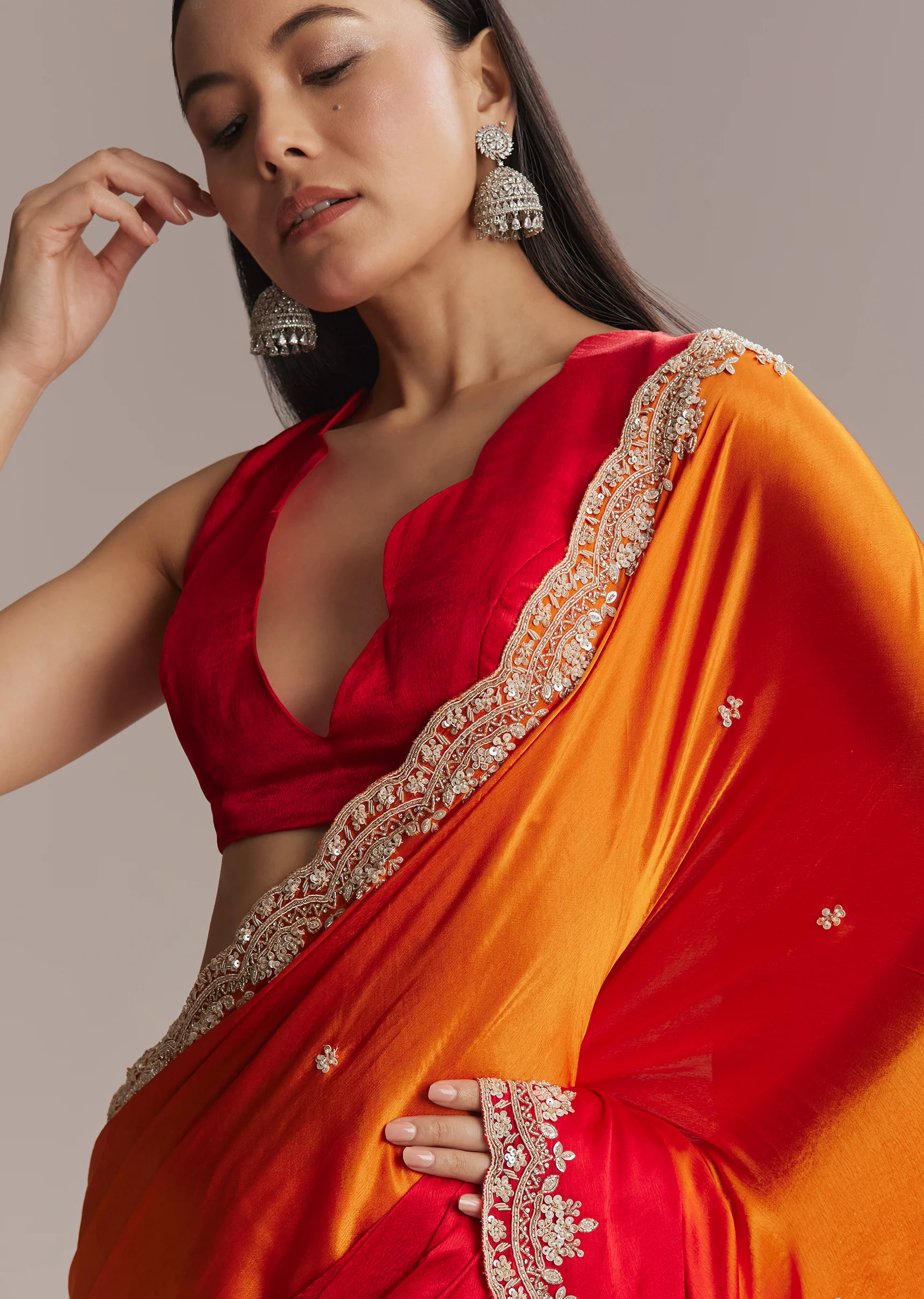 Fiery Festive Couple Set – Orange And Red Chinon Saree With Sequin And Bead Embroidery For Her And Red Ombre Kurta Set With Mirror Work For Him - Image 3