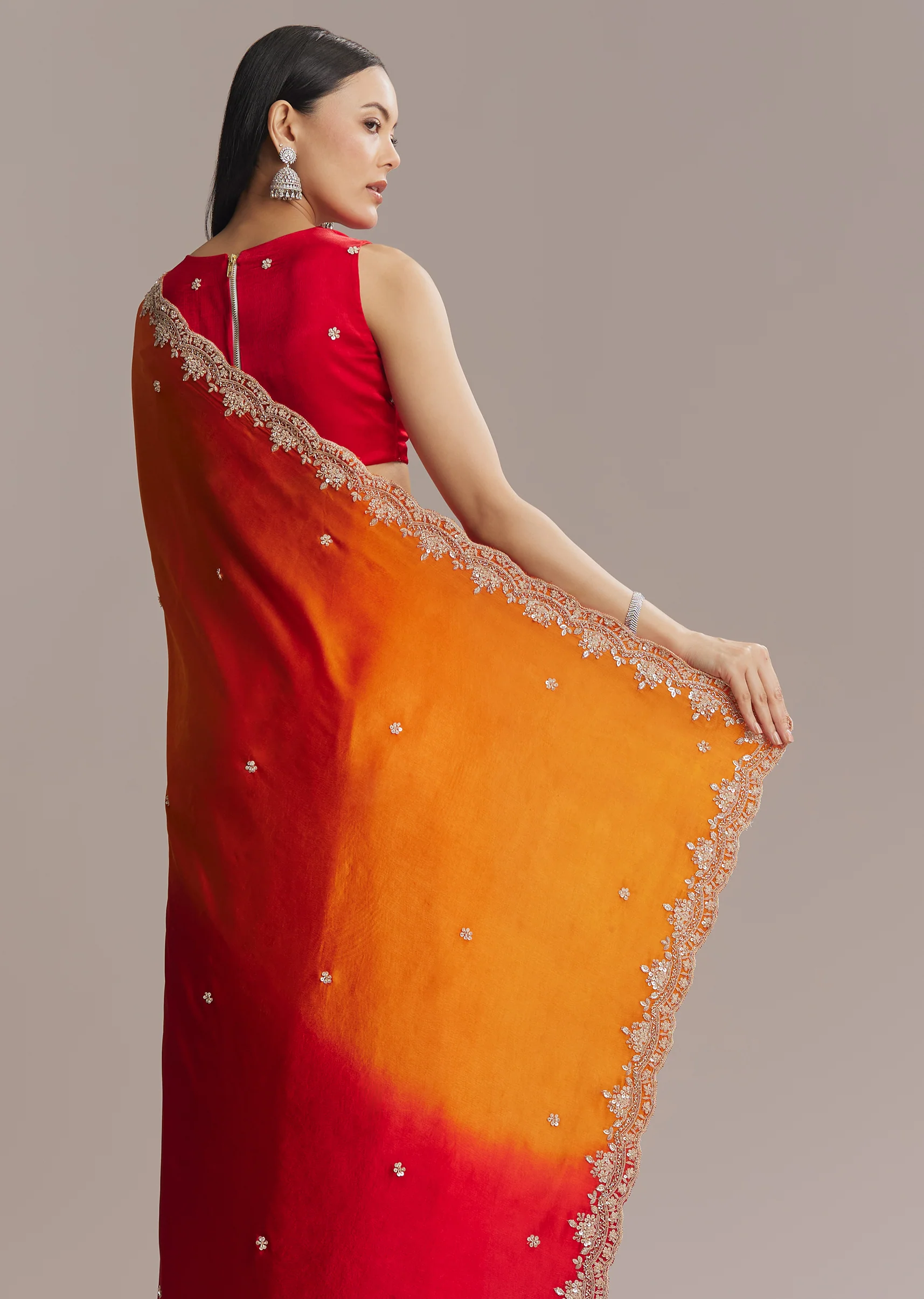 Fiery Festive Couple Set – Orange And Red Chinon Saree With Sequin And Bead Embroidery For Her And Red Ombre Kurta Set With Mirror Work For Him - Image 5
