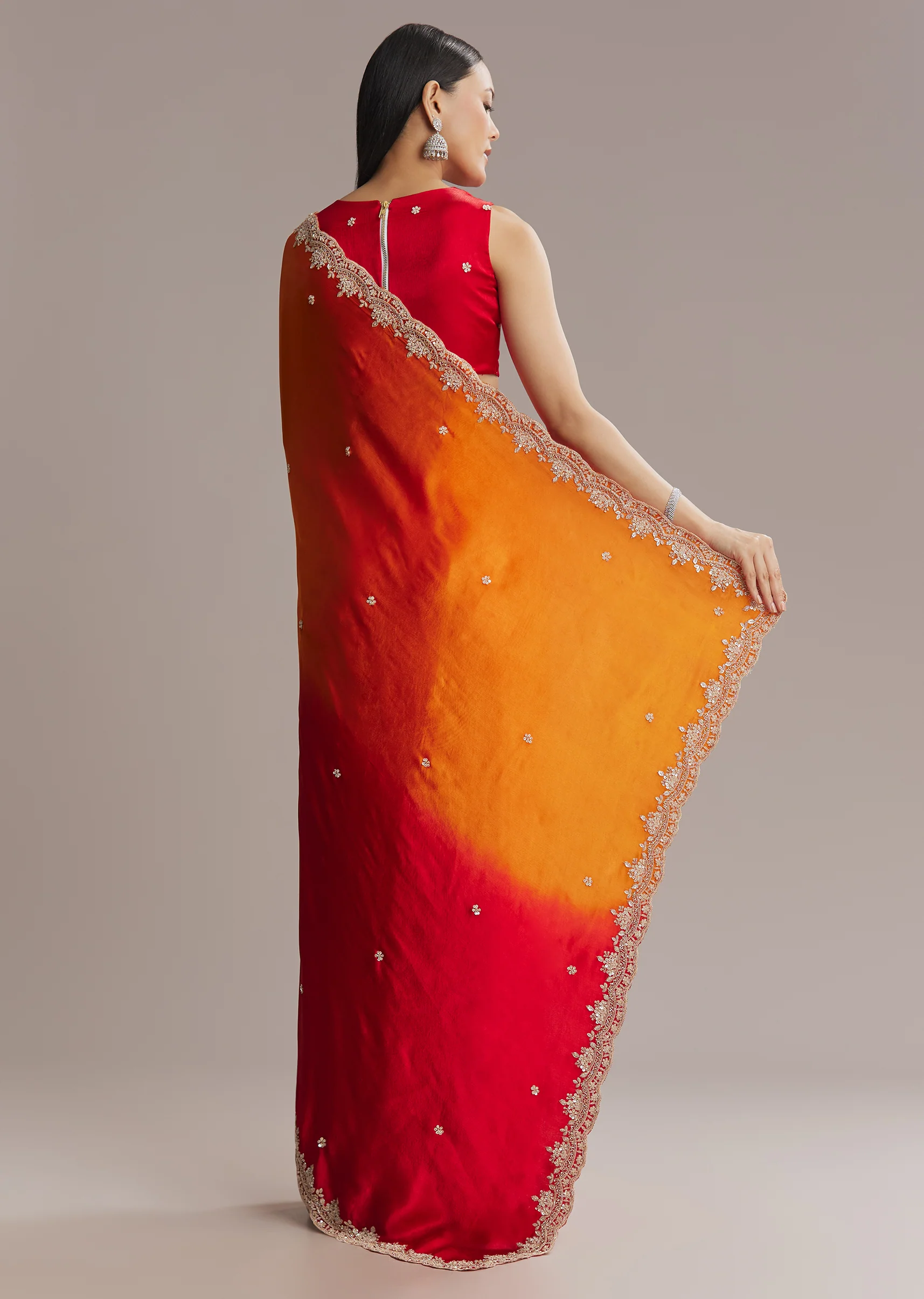 Fiery Festive Couple Set – Orange And Red Chinon Saree With Sequin And Bead Embroidery For Her And Red Ombre Kurta Set With Mirror Work For Him - Image 7
