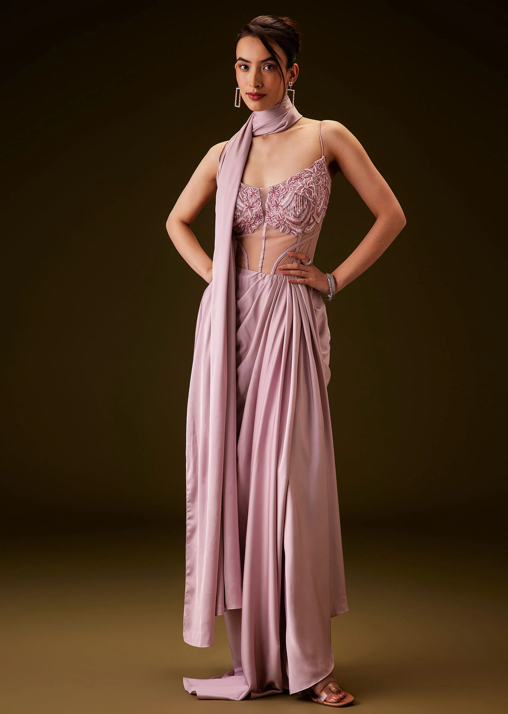 Flamingo Pink Pre Draped Indo Western Saree - Image 3