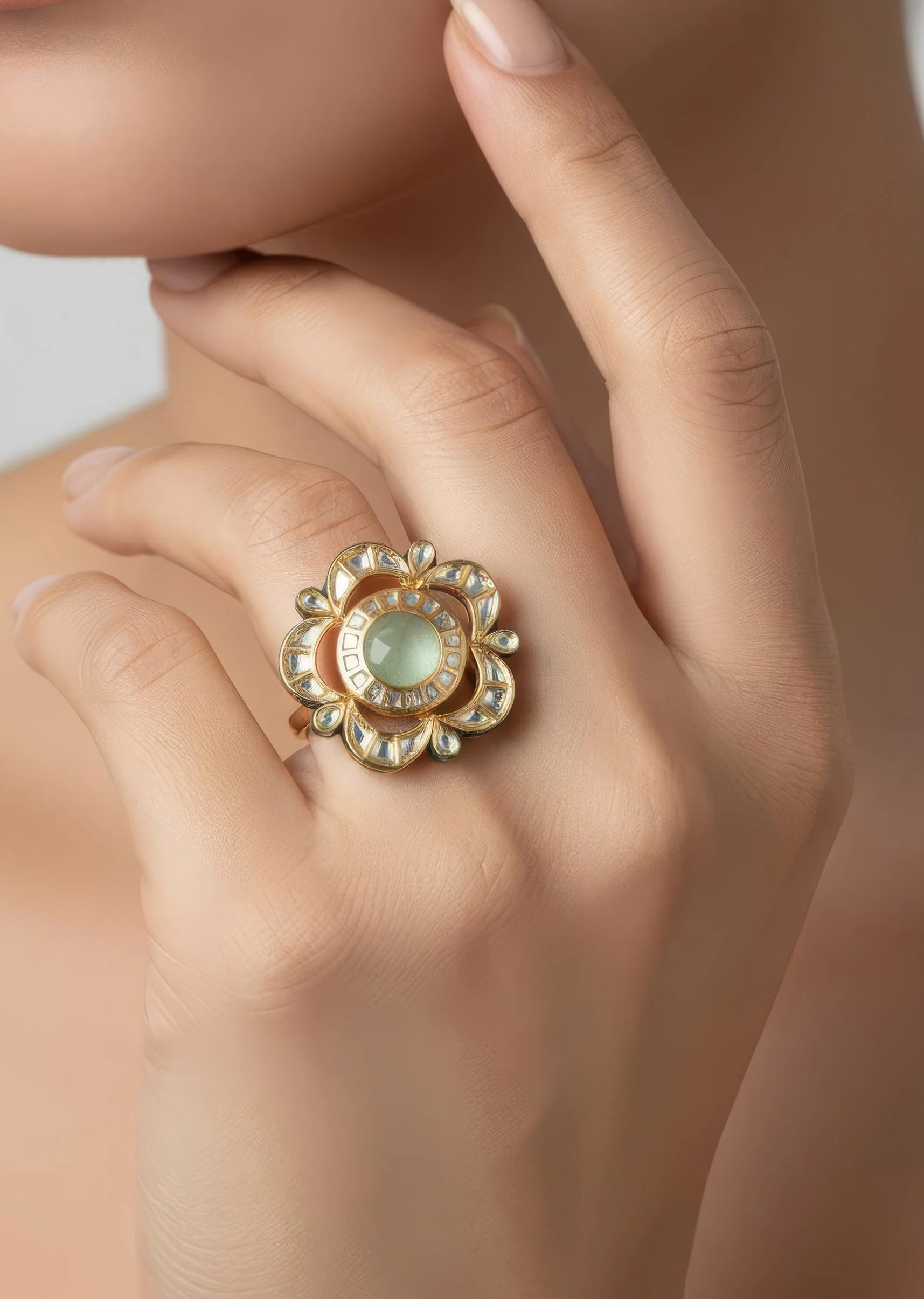 Floral Inspired Green Kundan Polki Ring